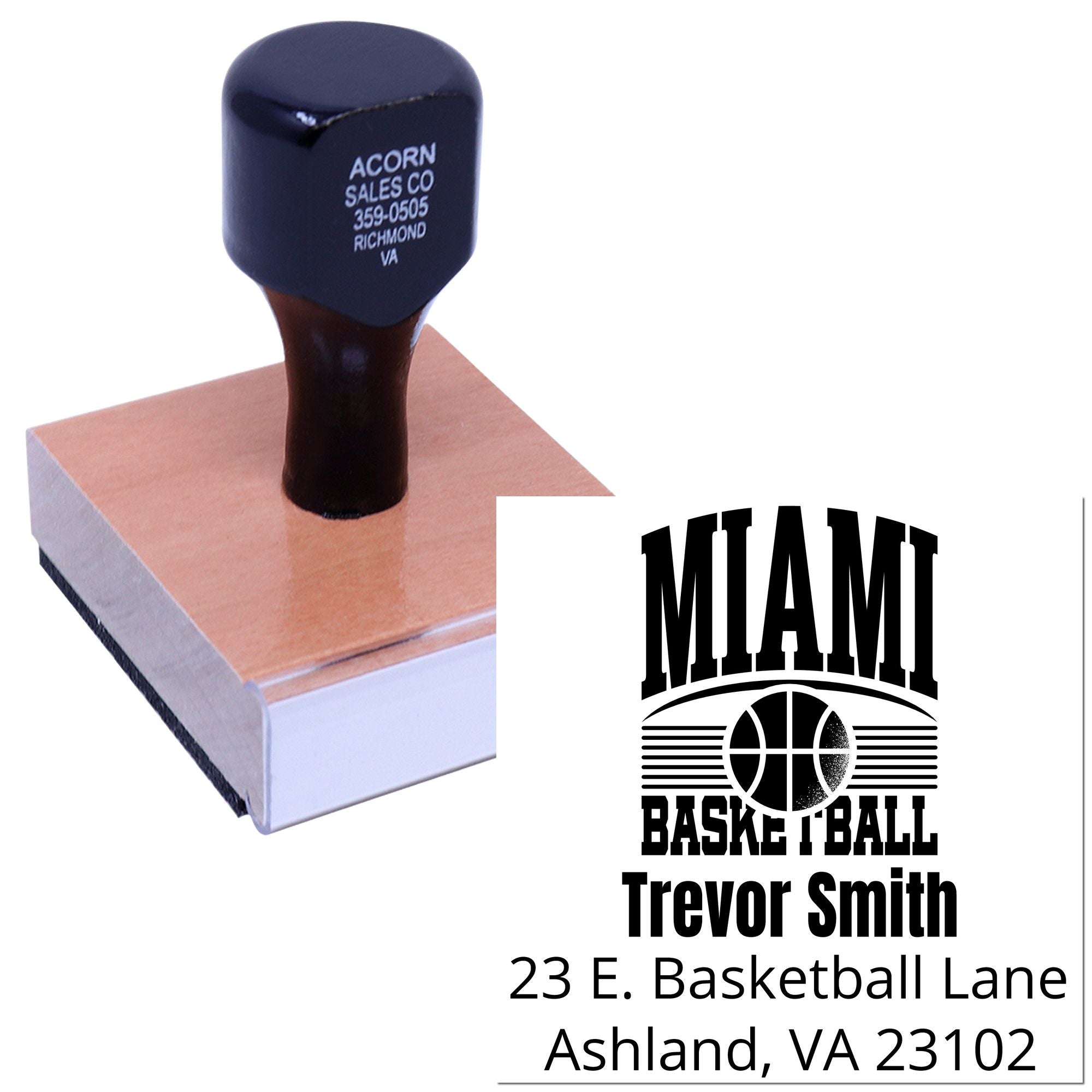 Custom basketball address rubber stamp with Miami logo, name, and mailing address for personalized sports mailings.