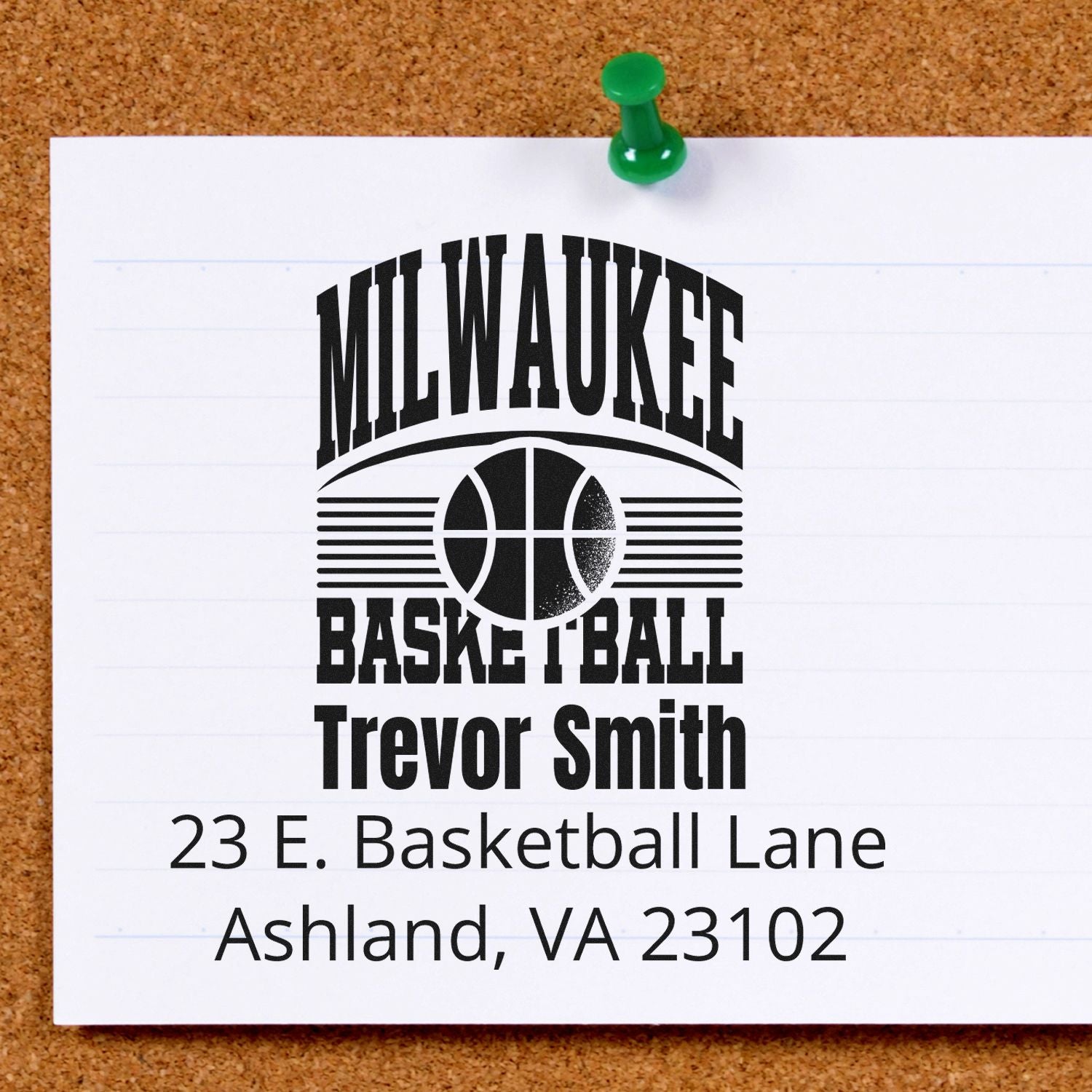 Custom Milwaukee basketball return address rubber stamp for Trevor Smith, featuring personalized name and Ashland, VA address.