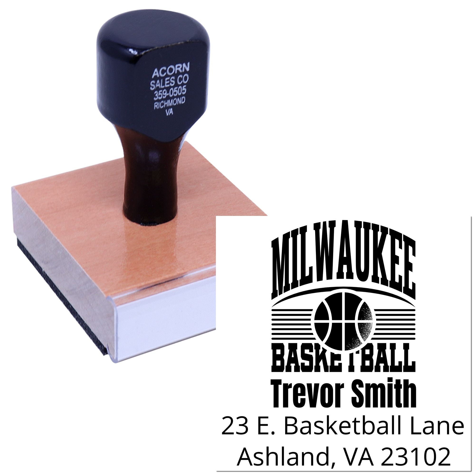 Custom self-inking rubber stamp for Milwaukee Basketball, featuring Trevor Smith name and Ashland, VA address.