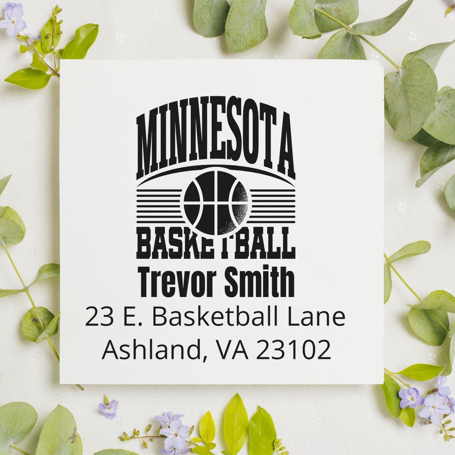 Custom Minnesota Basketball rubber stamp with Trevor Smith and Ashland, VA return address for personalized sports mailings