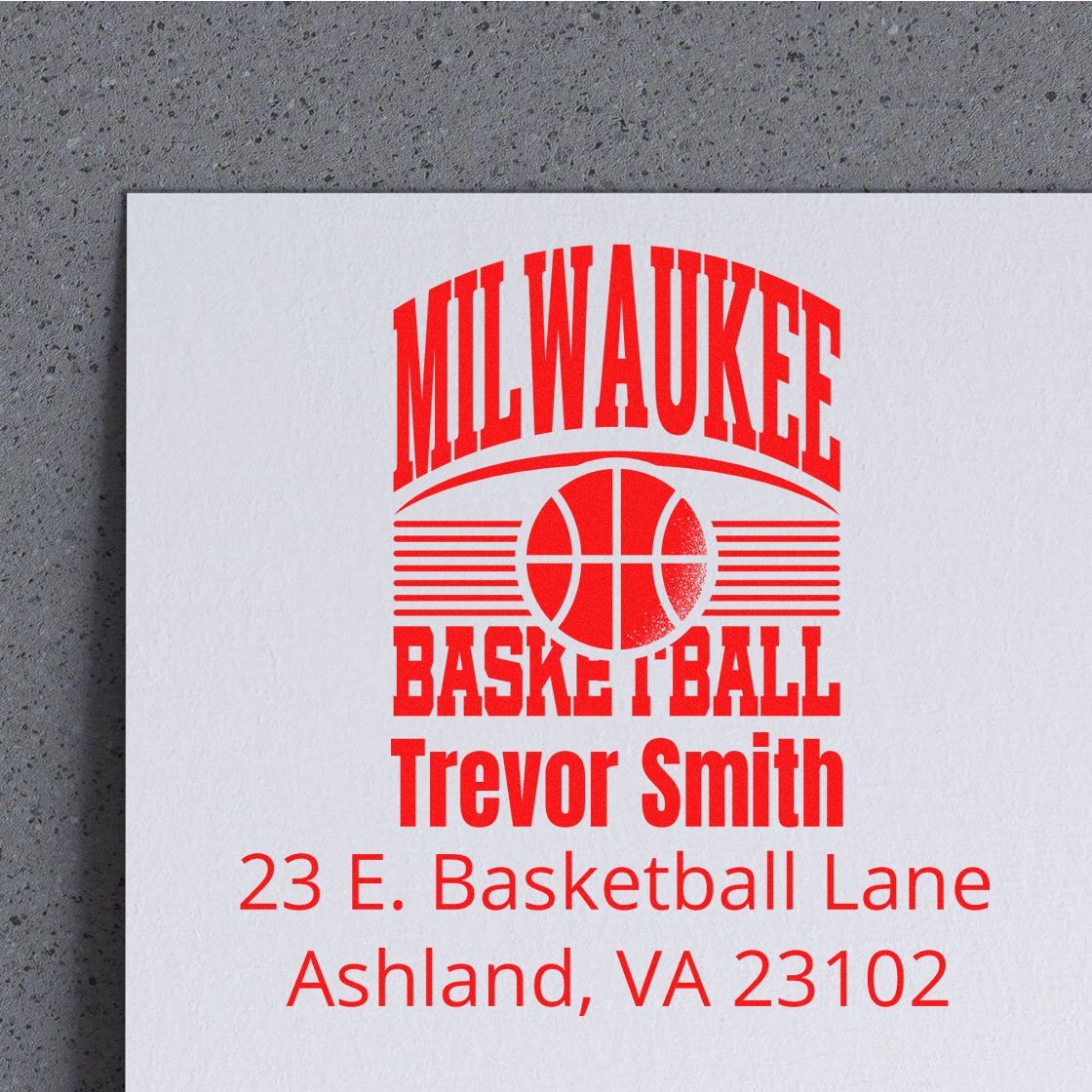 Custom Milwaukee Basketball rubber stamp with Trevor Smith name and address for team mail, branding, or school sports use.