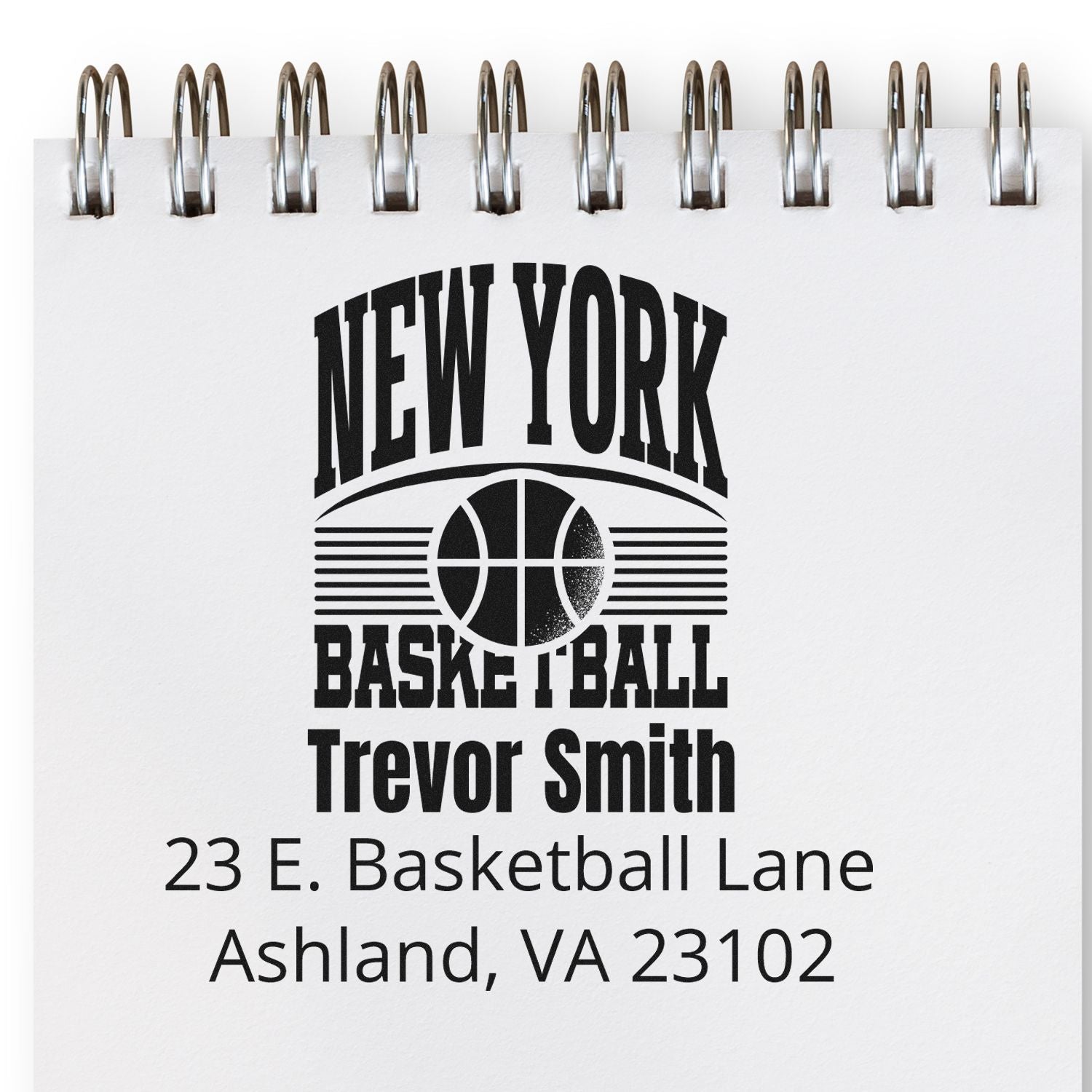 Custom New York basketball rubber stamp for Trevor Smith with name, address, and basketball logo design.