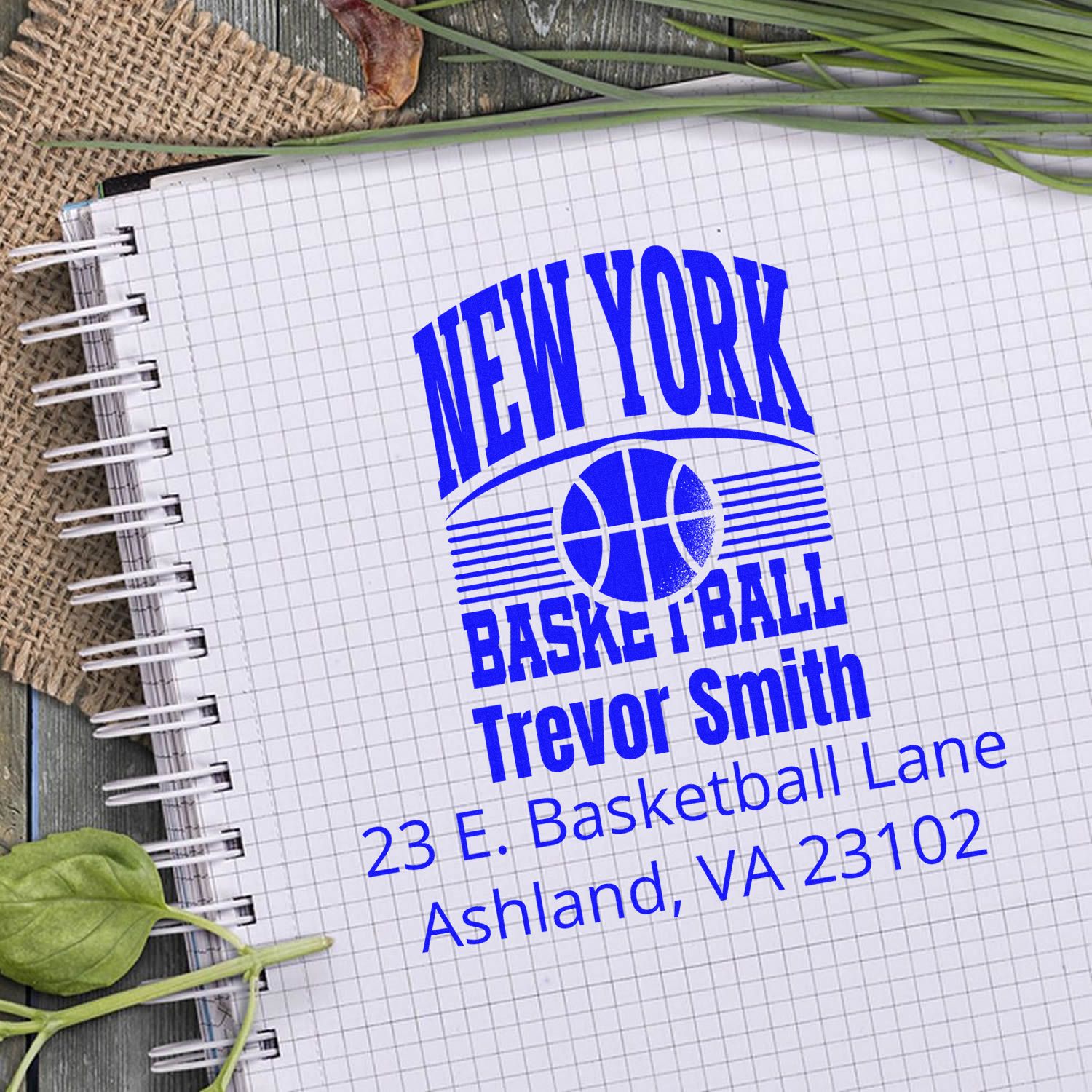 Custom New York basketball rubber stamp for Trevor Smith, Ashland VA, with name and address.