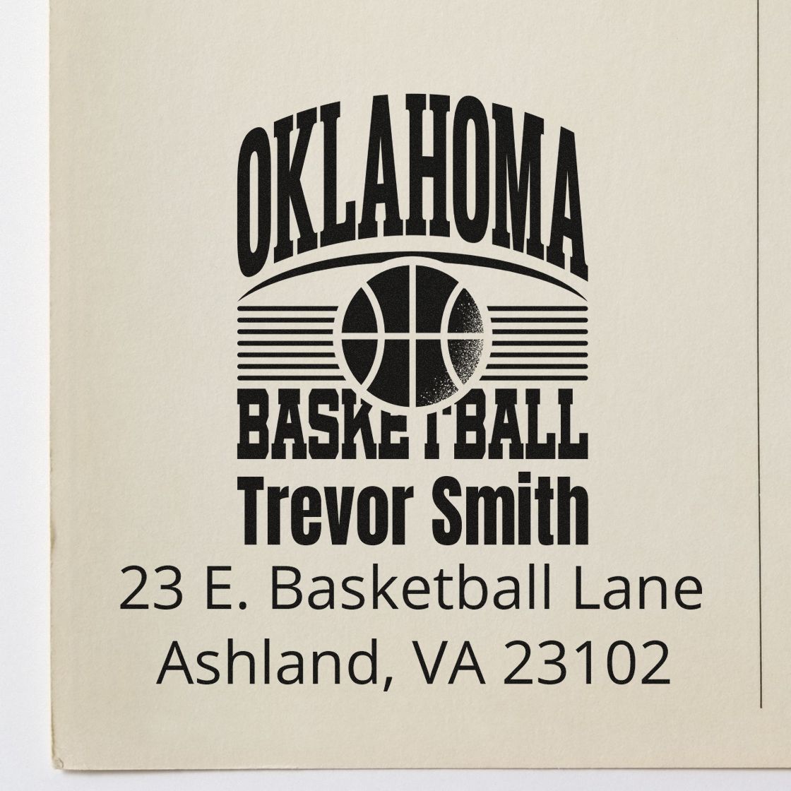 Custom Oklahoma basketball rubber stamp with Trevor Smith name and address for personalized sports mail and branding.