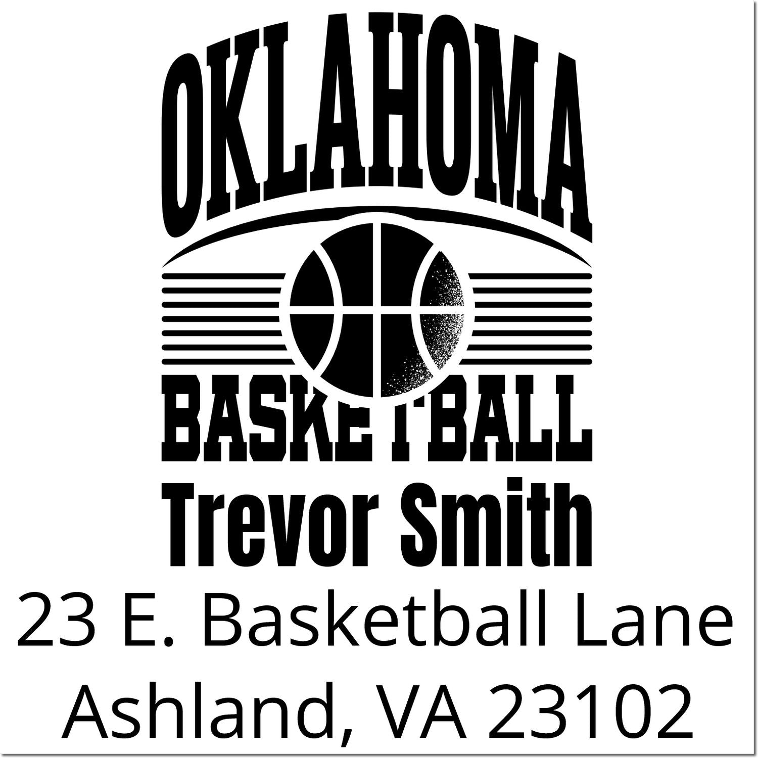 Custom Oklahoma basketball return address rubber stamp for Trevor Smith, 23 E. Basketball Lane, Ashland, VA 23102