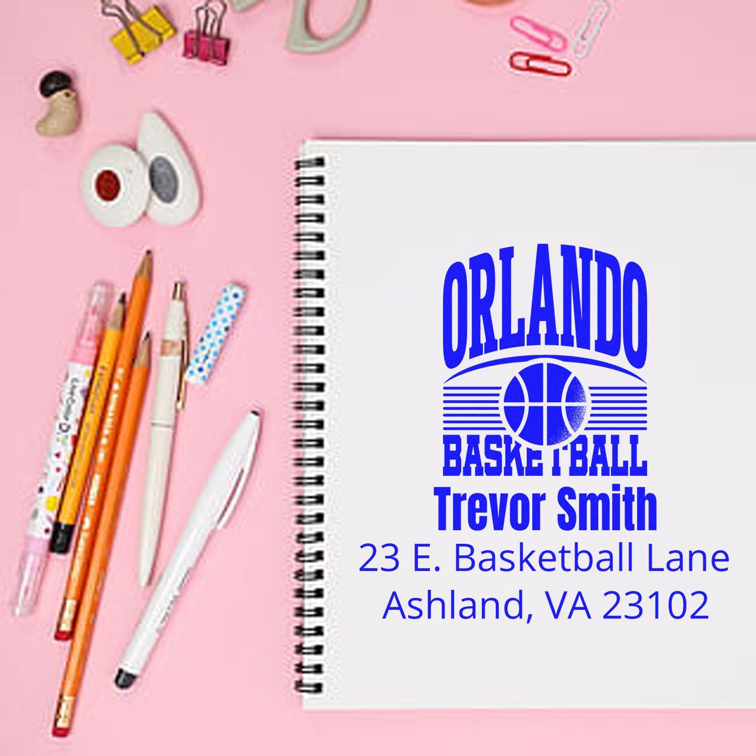 Custom Orlando basketball rubber stamp with Trevor Smith name and address for personalized stationery and team gear.