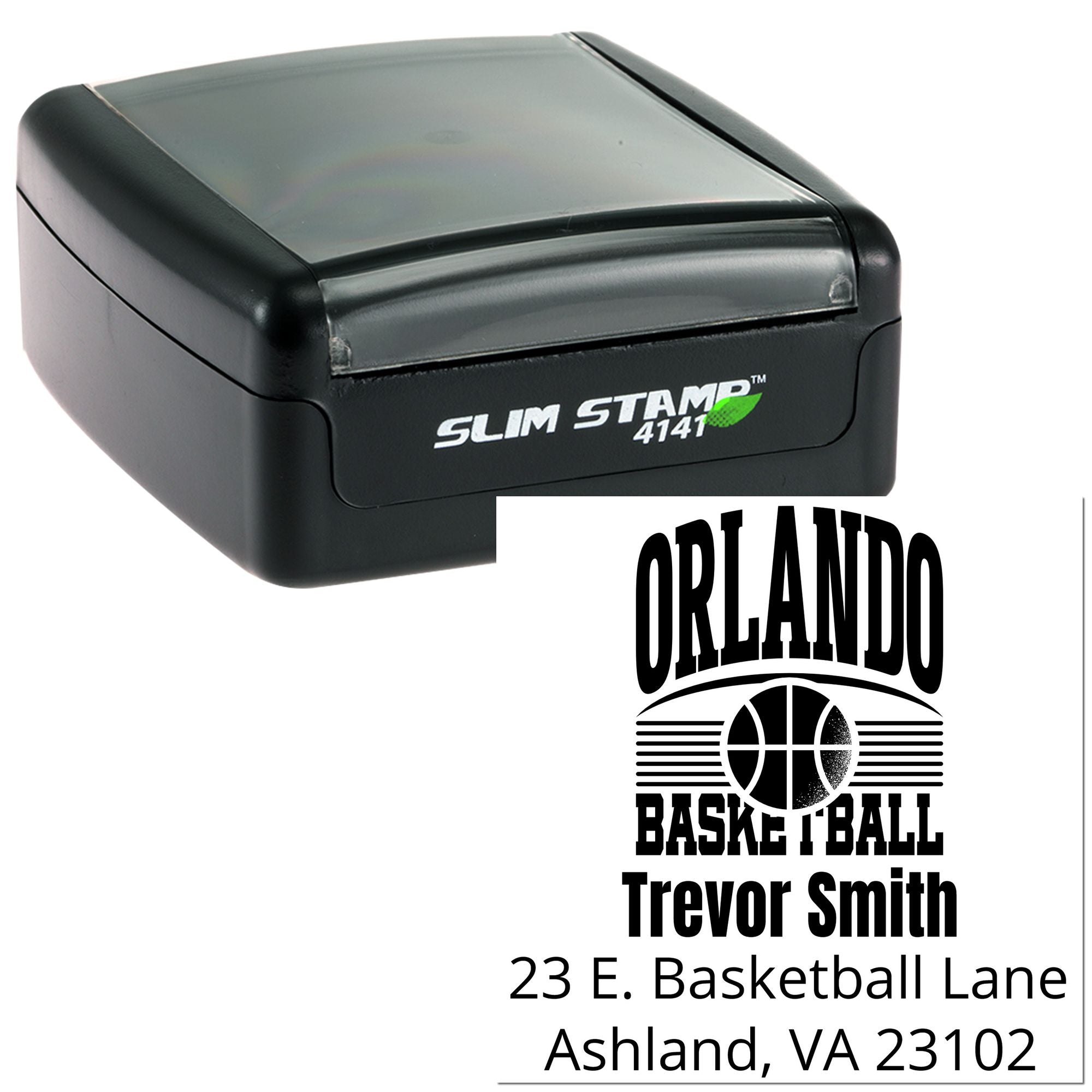 Custom self-inking rubber stamp with Orlando basketball return address for Trevor Smith, Ashland, VA.