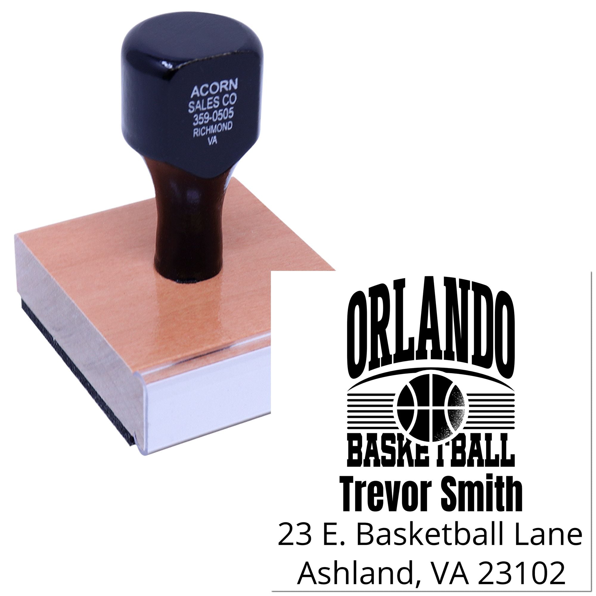Custom basketball address rubber stamp with Orlando logo, Trevor Smith name, and Ashland, VA address