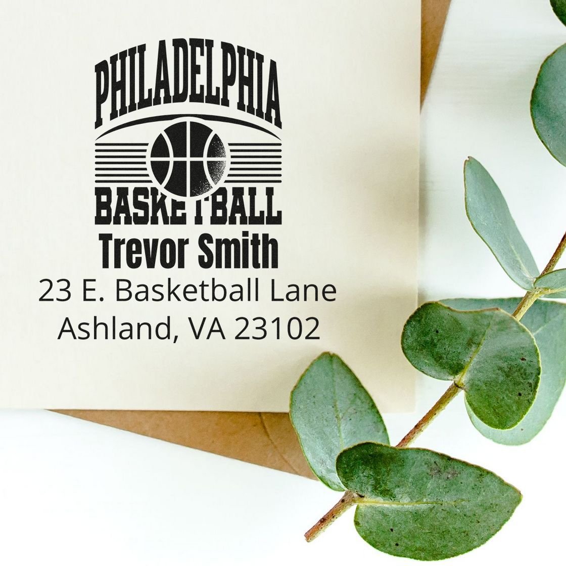 Custom Philadelphia Basketball return address rubber stamp for Trevor Smith, Ashland, VA mailing envelopes.