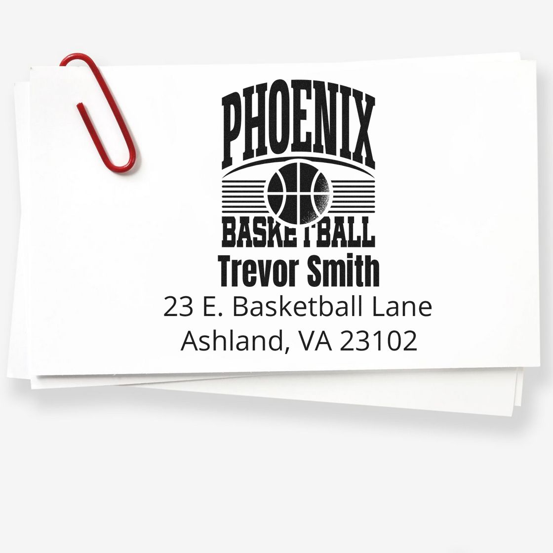 Custom Phoenix Basketball rubber stamp with Trevor Smith name and Ashland, VA address for mailing envelopes.