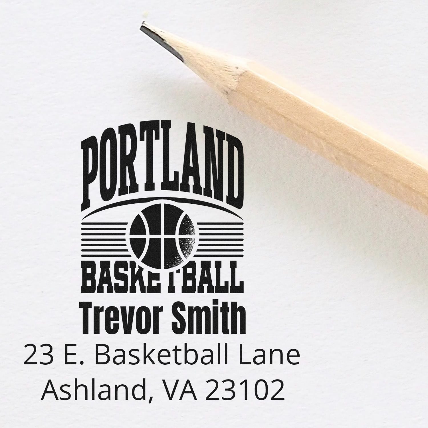 Custom Portland Basketball rubber address stamp for Trevor Smith, 23 E. Basketball Lane, Ashland, VA 23102.