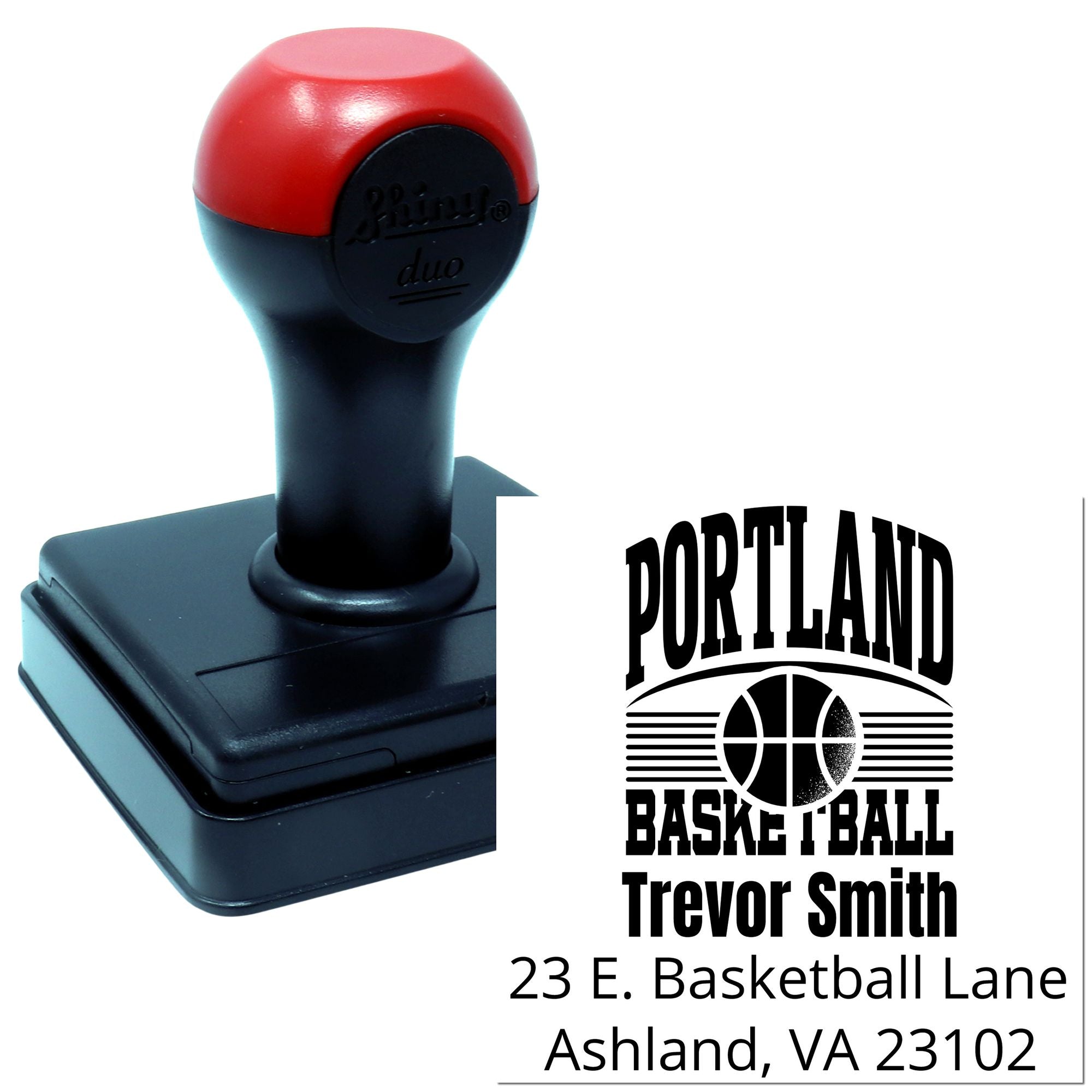 Custom self-inking rubber stamp with Portland Basketball address design for Trevor Smith, Ashland, VA