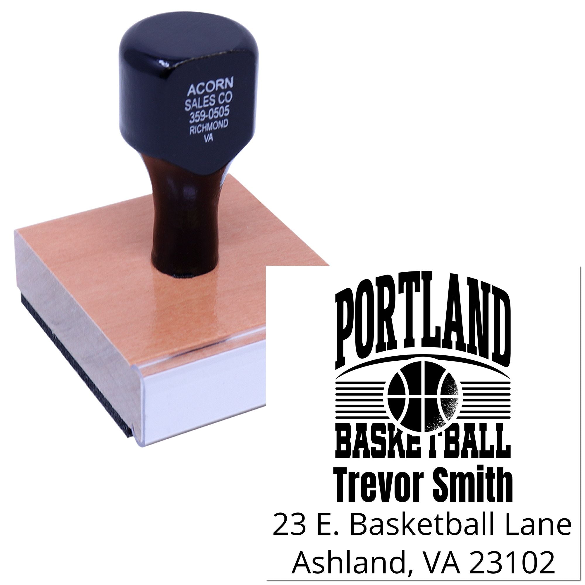 Custom basketball address rubber stamp for Trevor Smith, Portland Basketball, Ashland, VA 23102.