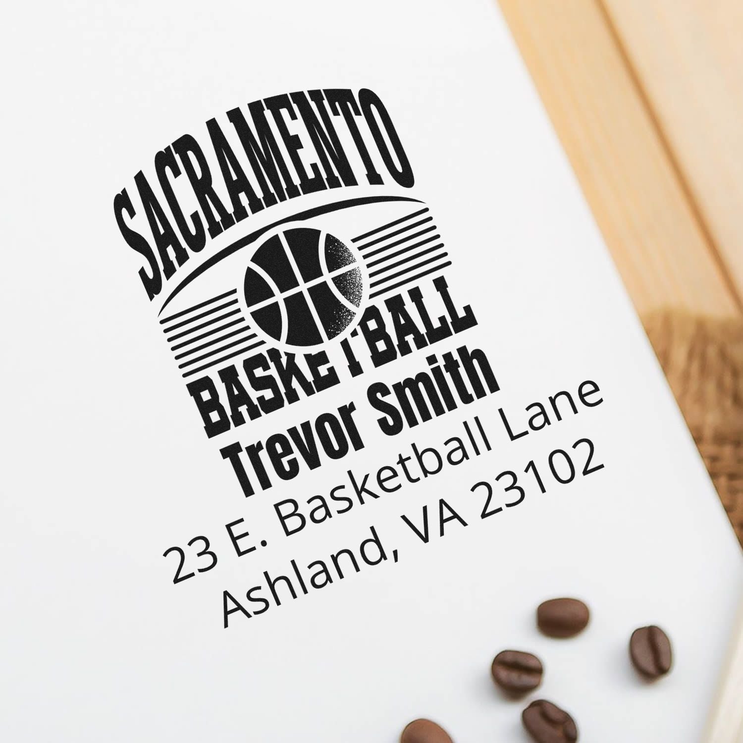 Custom Sacramento basketball rubber stamp with Trevor Smith name and Ashland, VA return address.