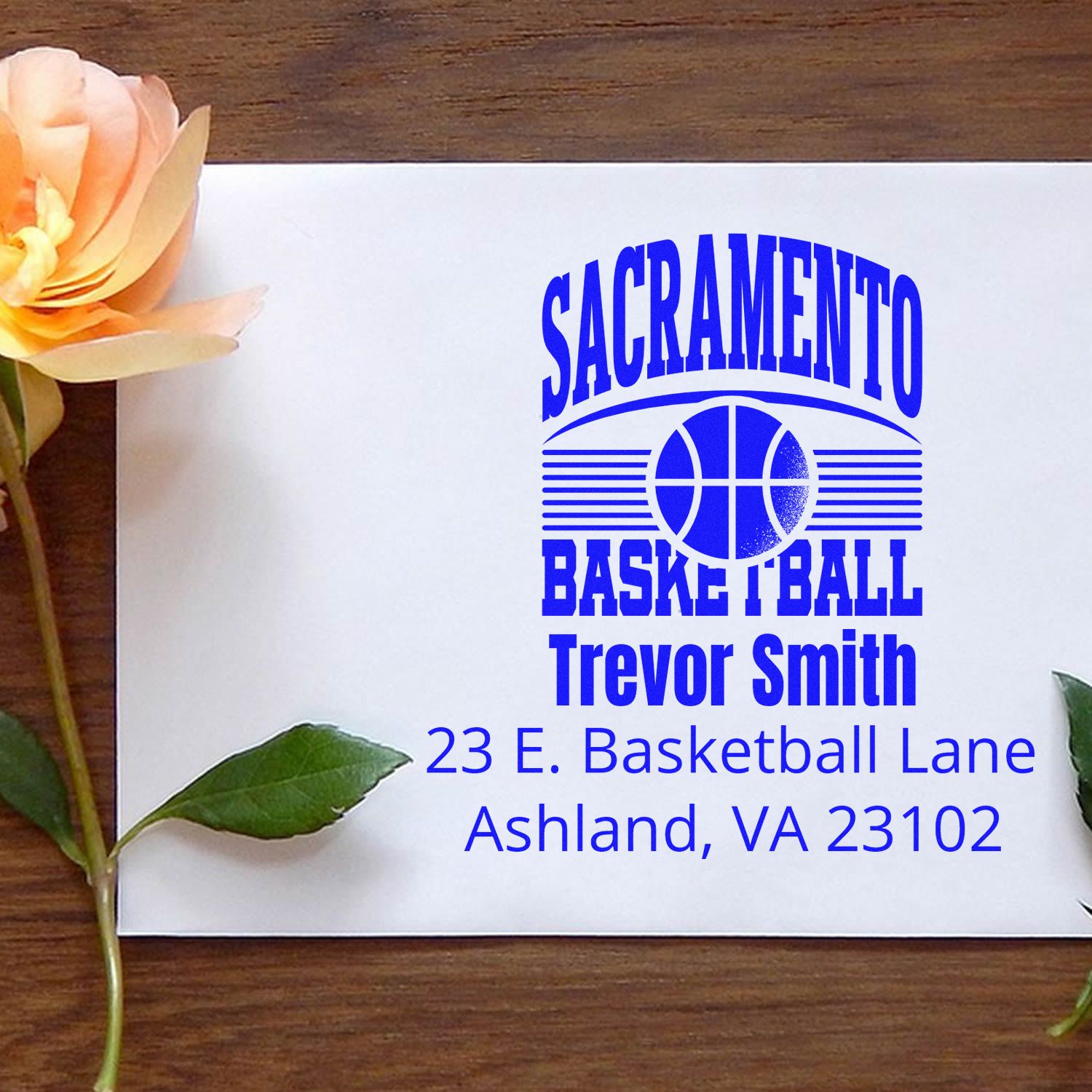 Custom Sacramento Basketball rubber stamp for Trevor Smith, featuring personalized name and Ashland, VA address.