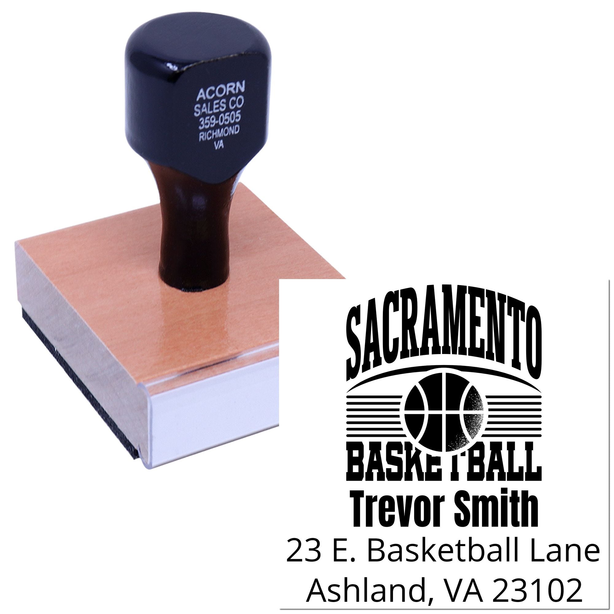 Custom Sacramento Basketball return address rubber stamp with Trevor Smith name and Ashland, VA address.
