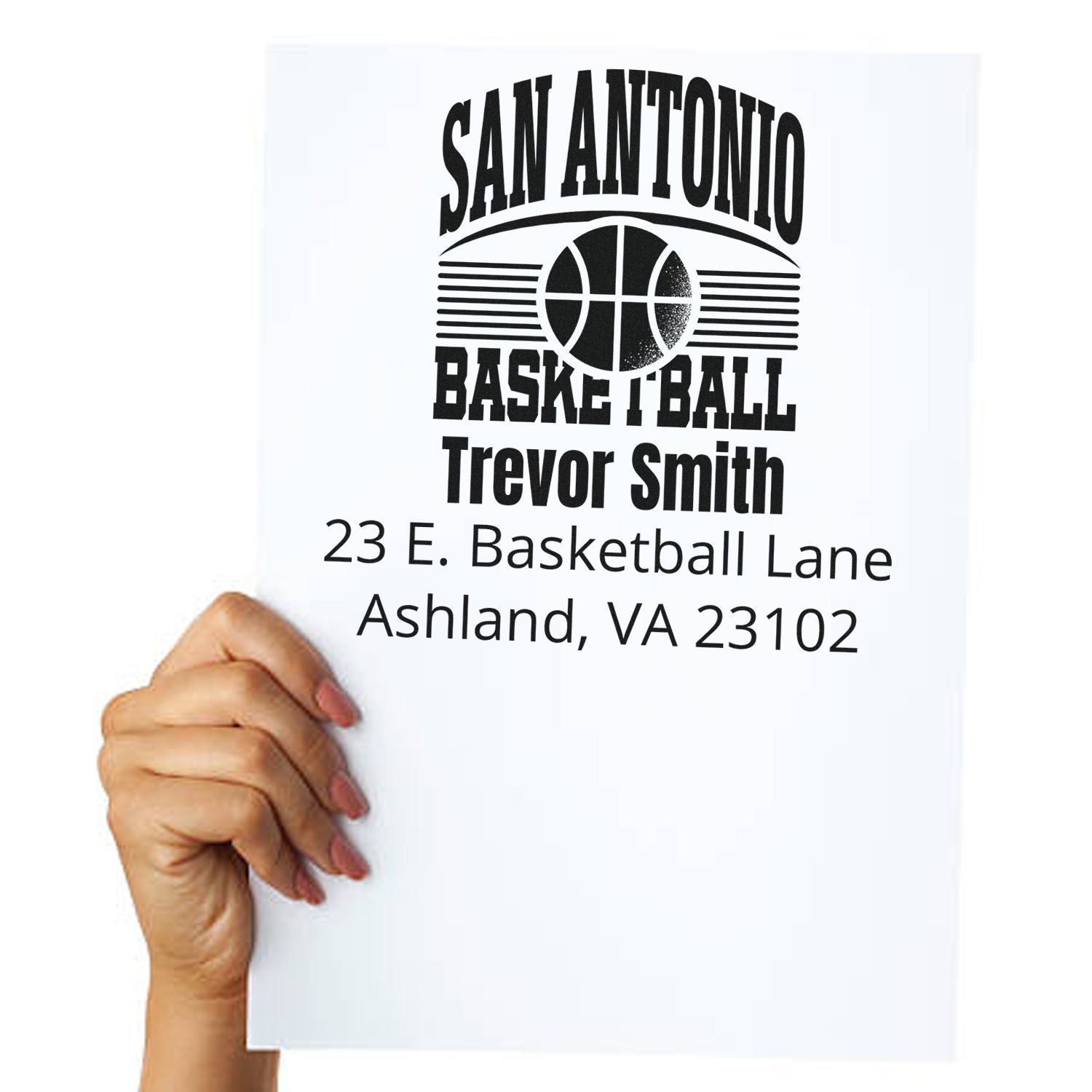 Custom sports rubber stamp featuring San Antonio Basketball, Trevor Smith, and return address for personalized mailings.