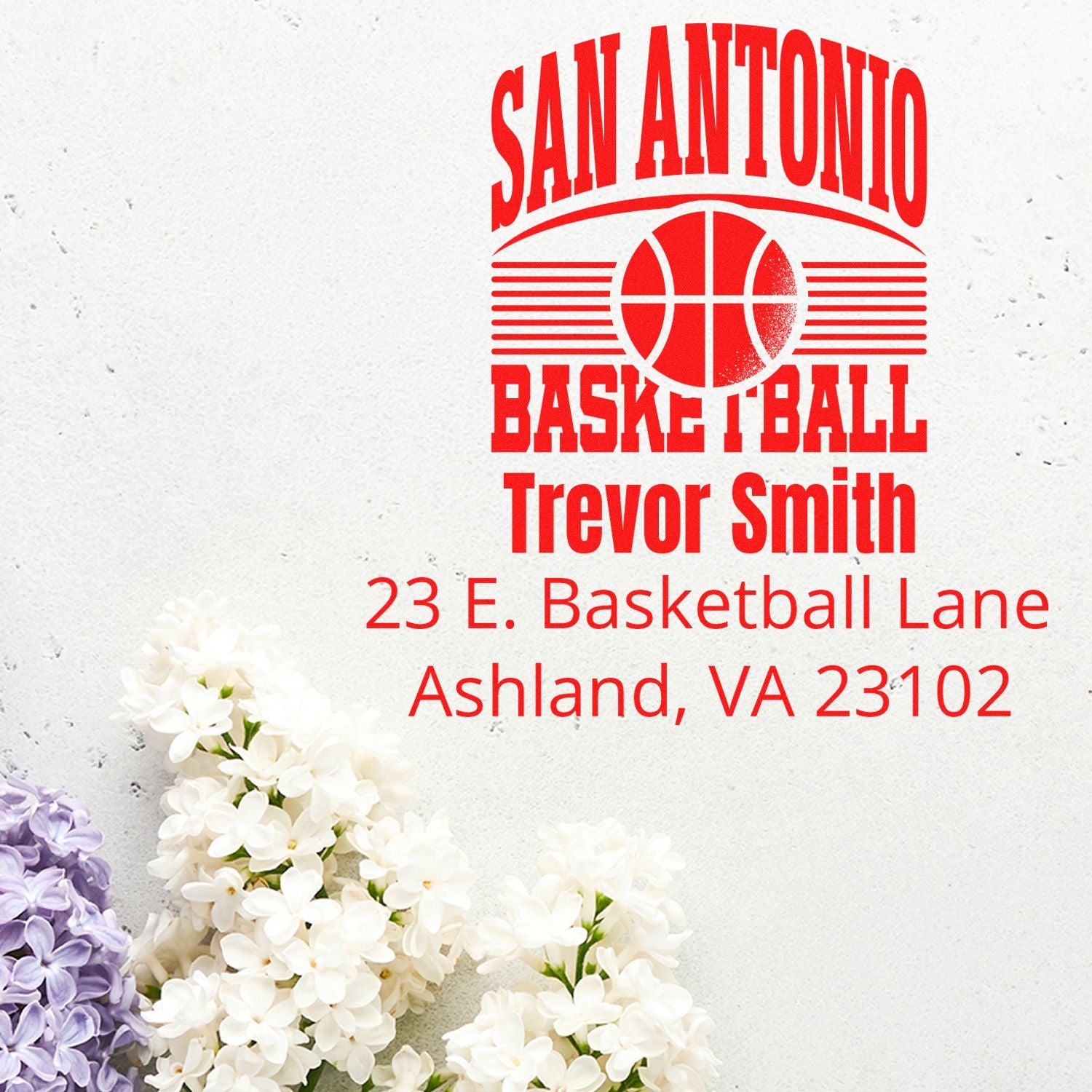 Custom San Antonio Basketball return address rubber stamp for Trevor Smith, Ashland, VA 23102