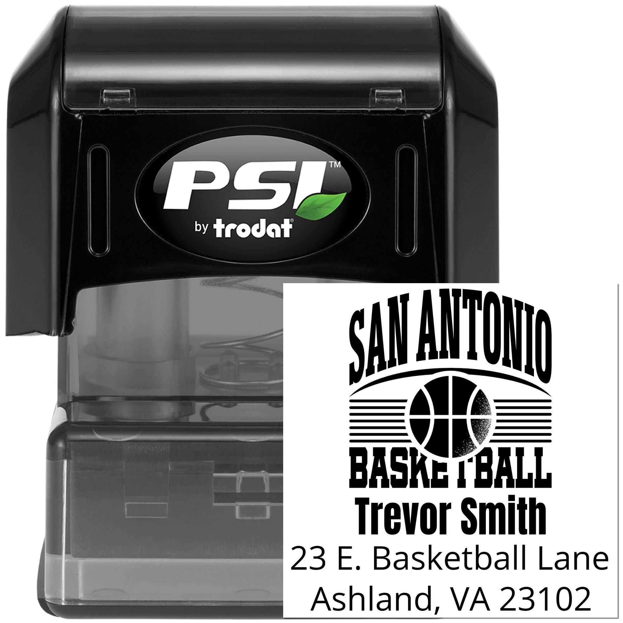 PSI by Trodat self-inking rubber stamp with custom San Antonio basketball address design for personalized mailing