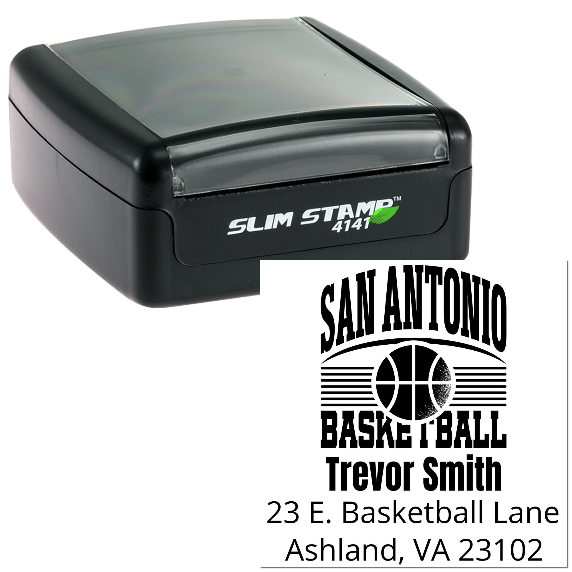 Slim Stamp self-inking rubber stamp with custom San Antonio basketball return address imprint for Trevor Smith.