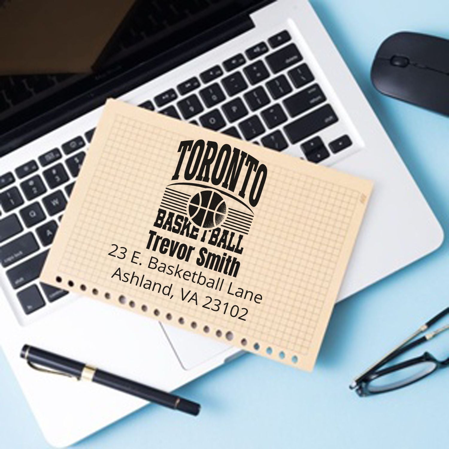 Custom Toronto basketball address rubber stamp for Trevor Smith, ideal for personalized mail, stationery, and branding.