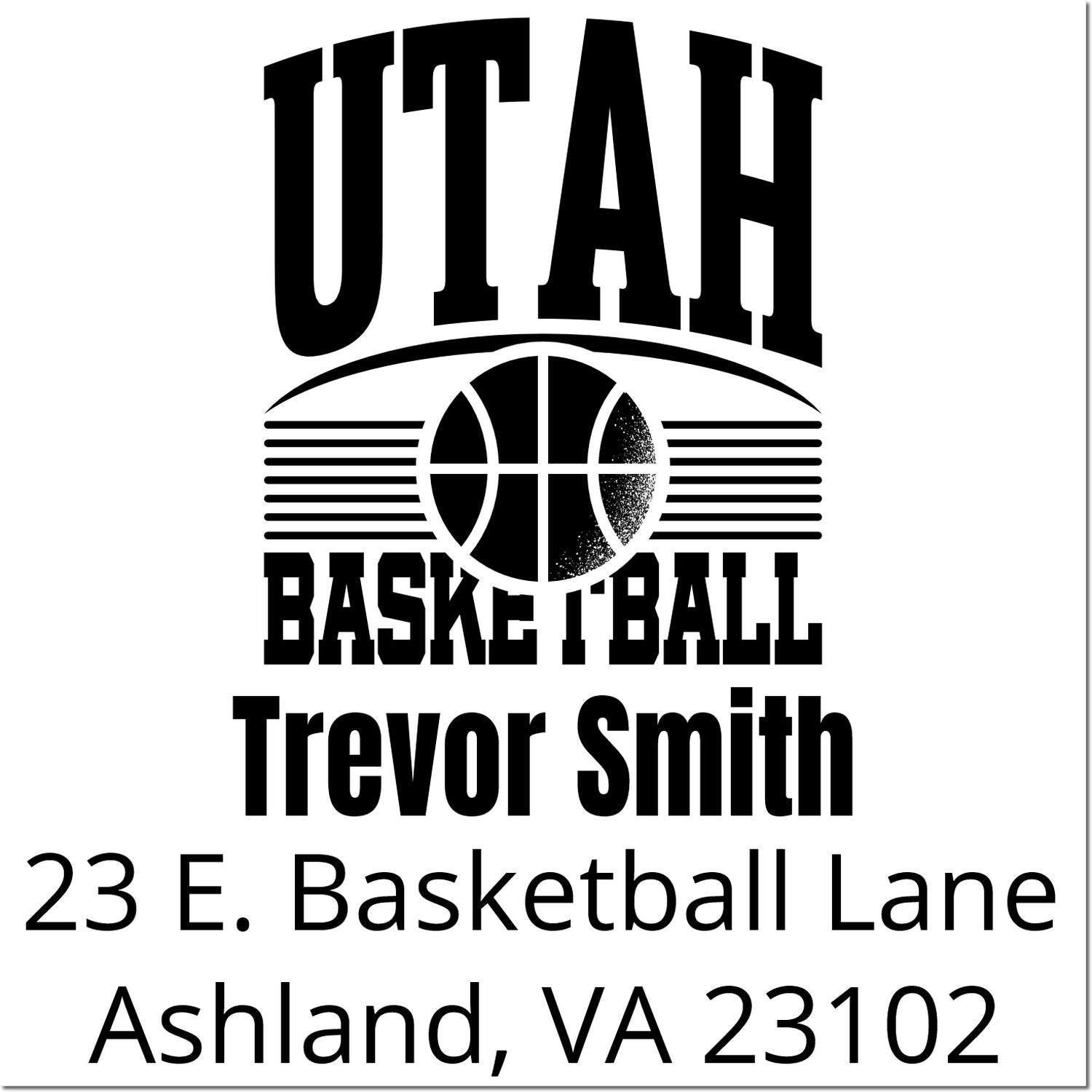 Personalized Utah basketball rubber stamp for Trevor Smith with Ashland, VA address for custom mail, labels, and team use.