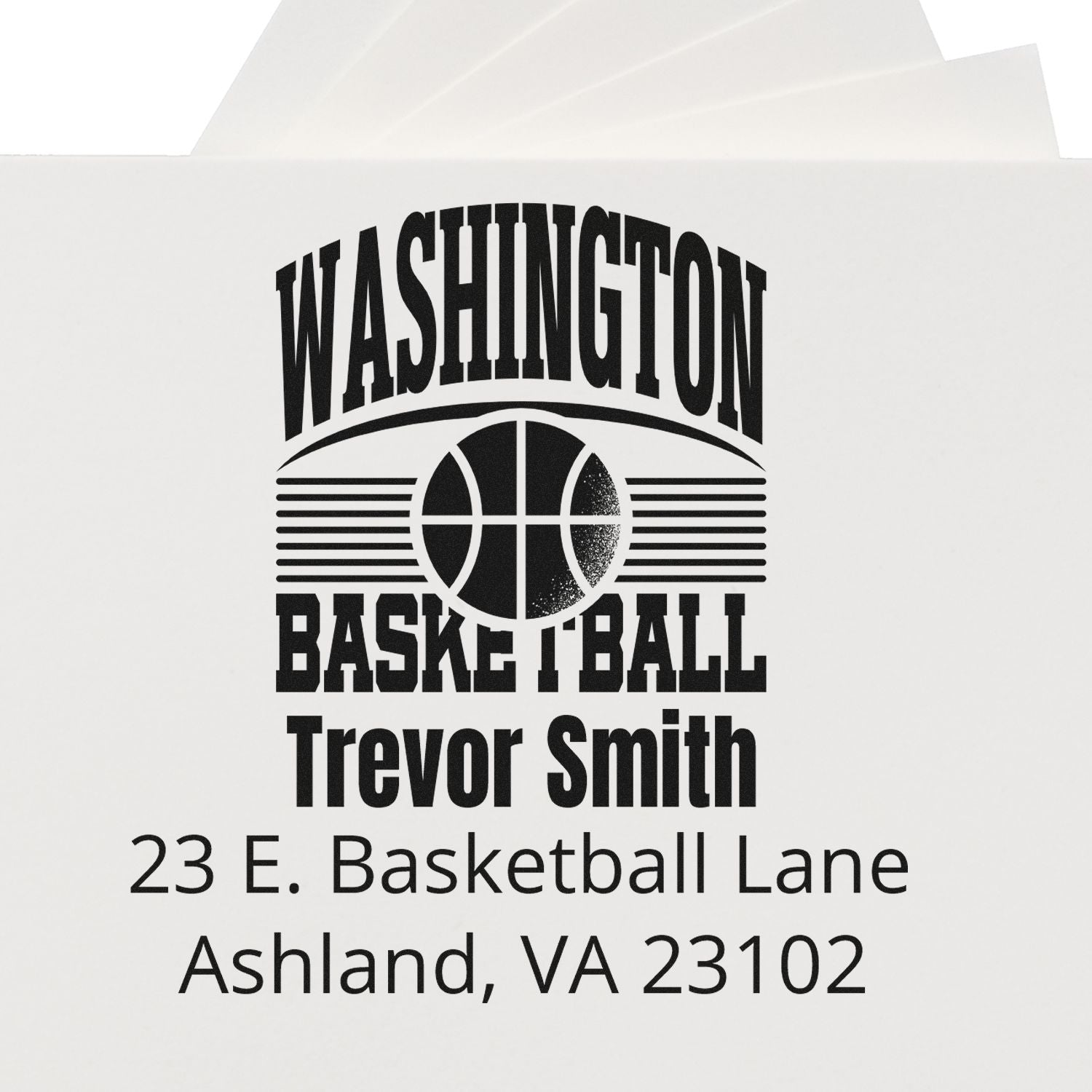 Personalized Washington Basketball rubber stamp with Trevor Smith name and Ashland, VA return address.