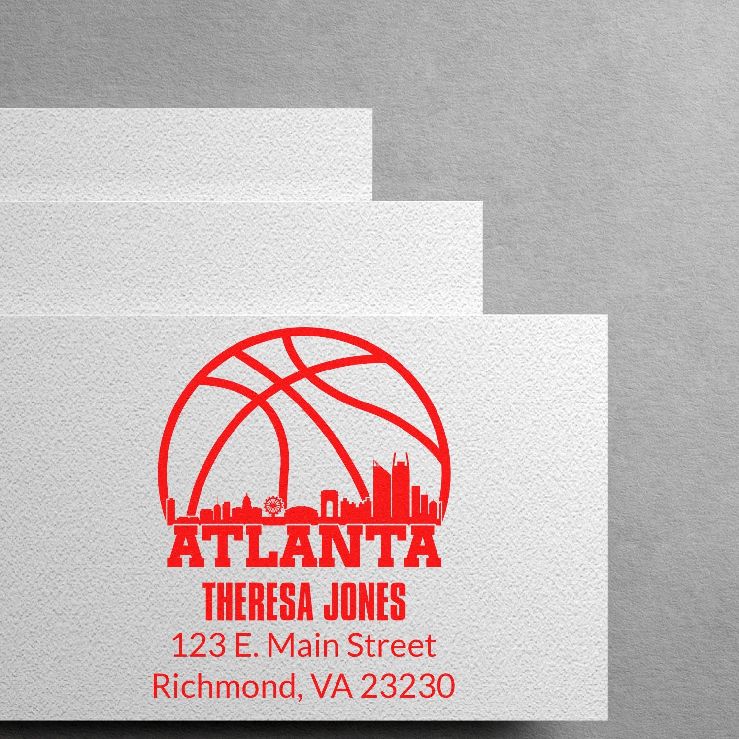 Personalized Atlanta skyline basketball return address rubber stamp for Theresa Jones, 123 E. Main Street, Richmond, VA 23230