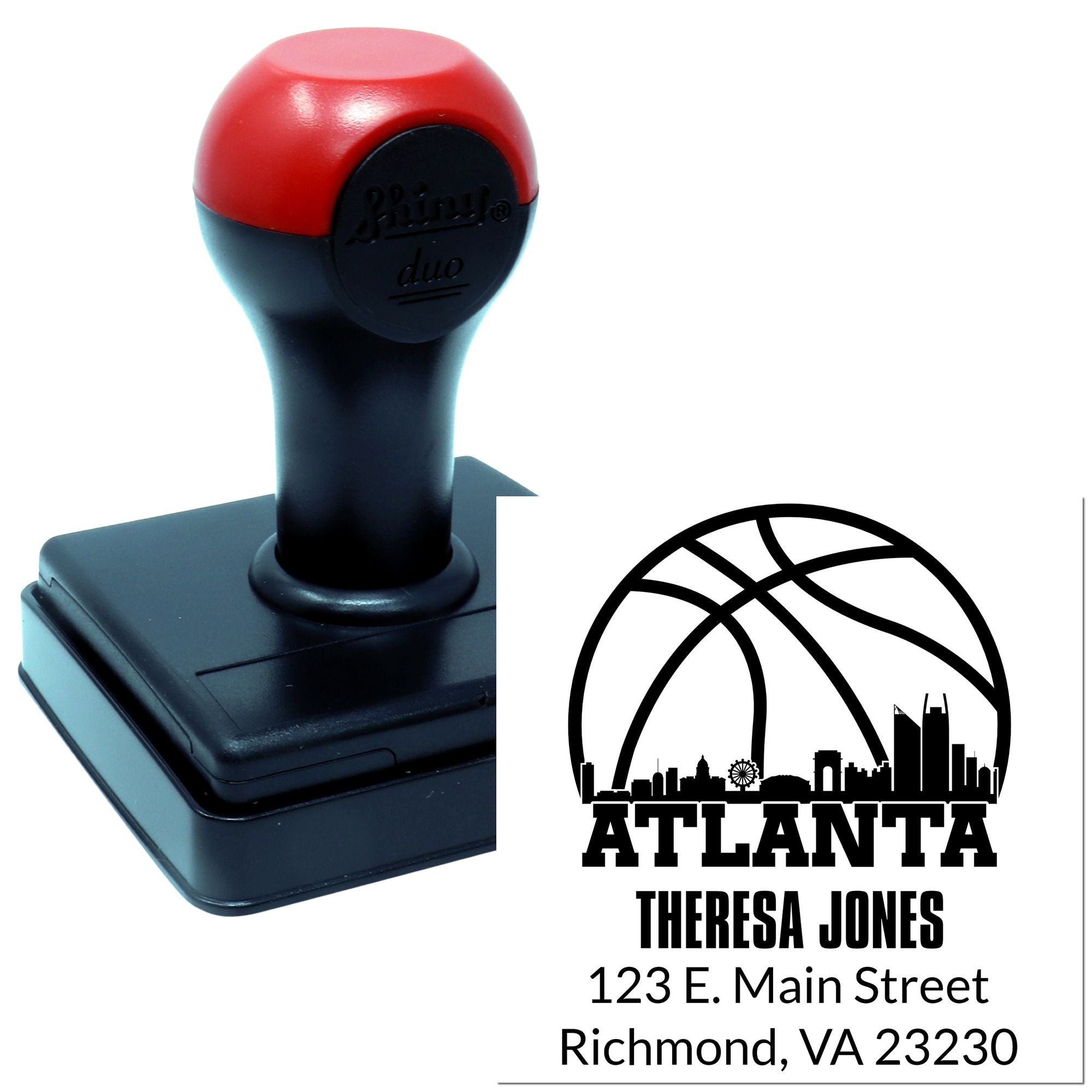 Personalized self-inking rubber address stamp with Atlanta skyline, Theresa Jones name, and Richmond, VA return address.
