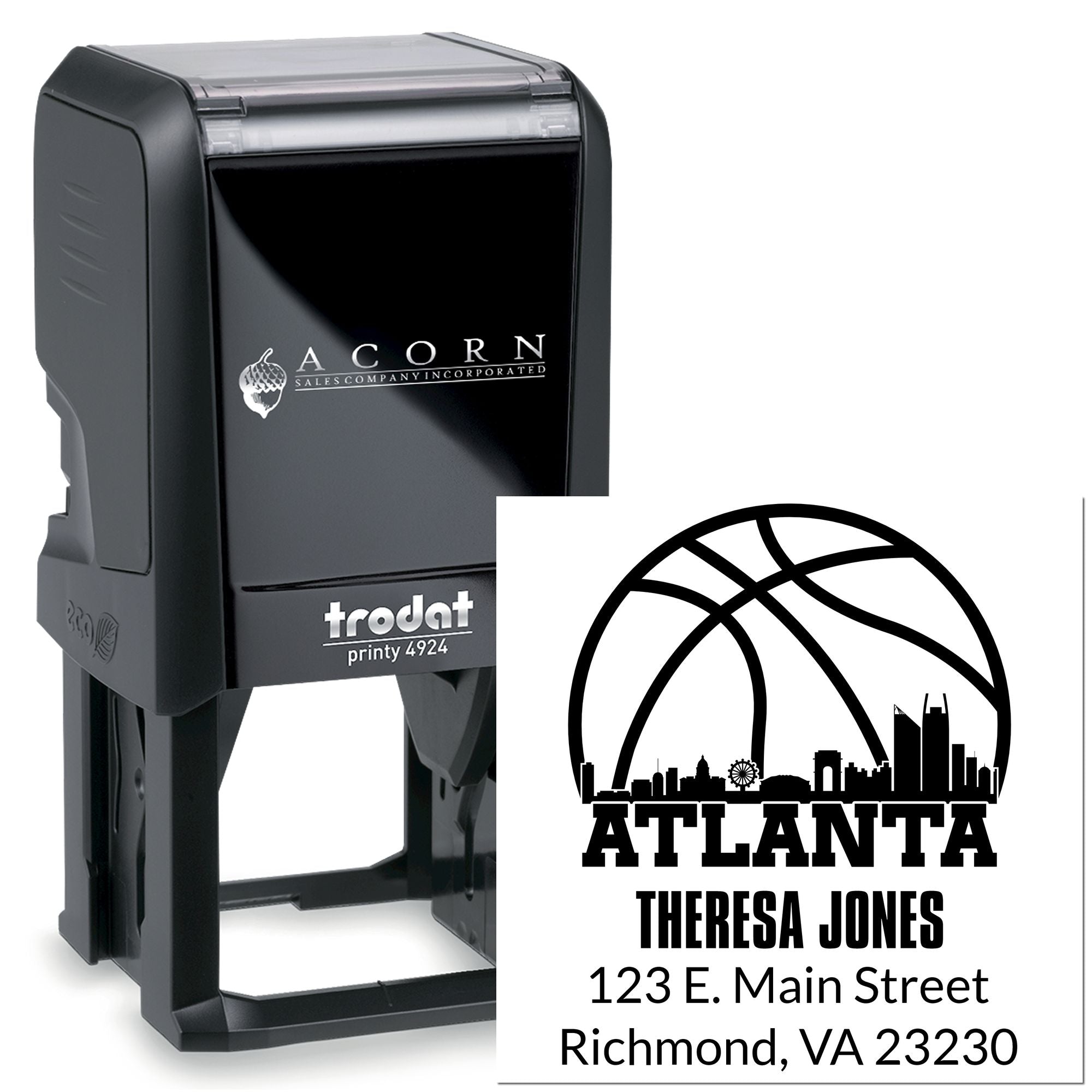 Personalized self-inking rubber address stamp with Atlanta skyline and Theresa Jones mailing address, Trodat Printy 4924.