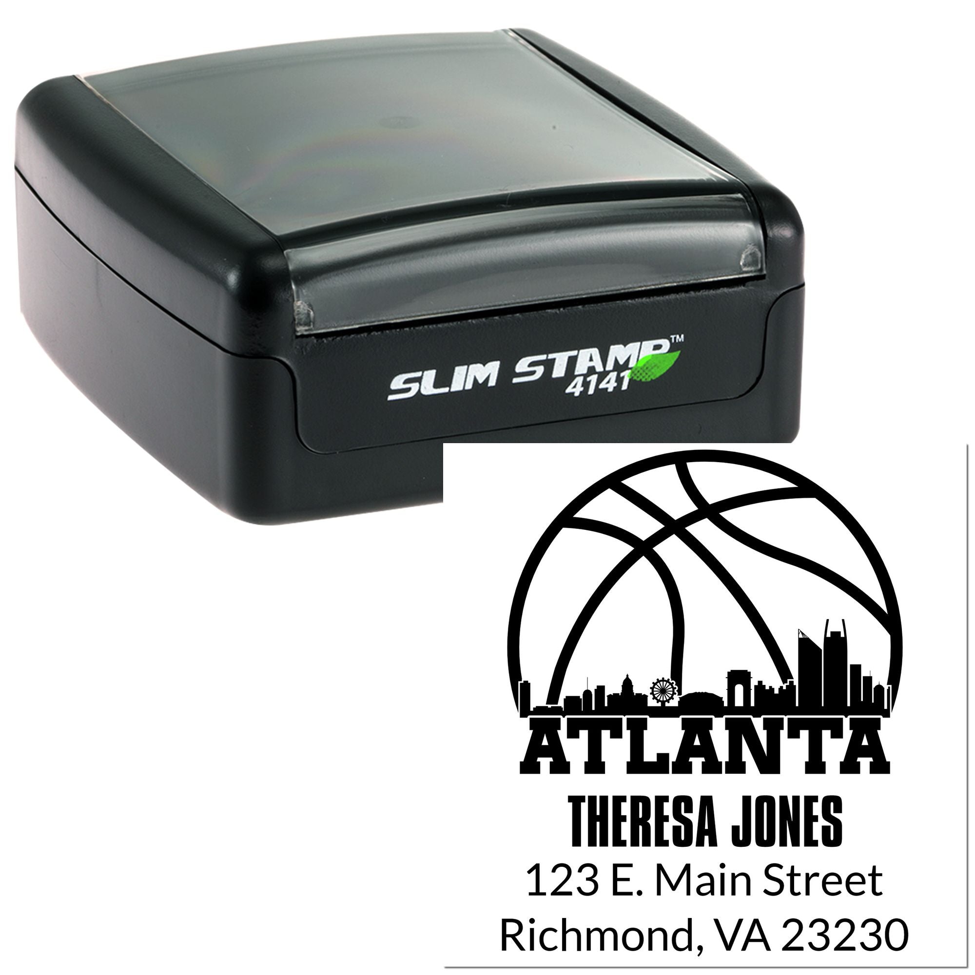 Slim self-inking rubber stamp with custom Atlanta return address imprint for personalized mailing.