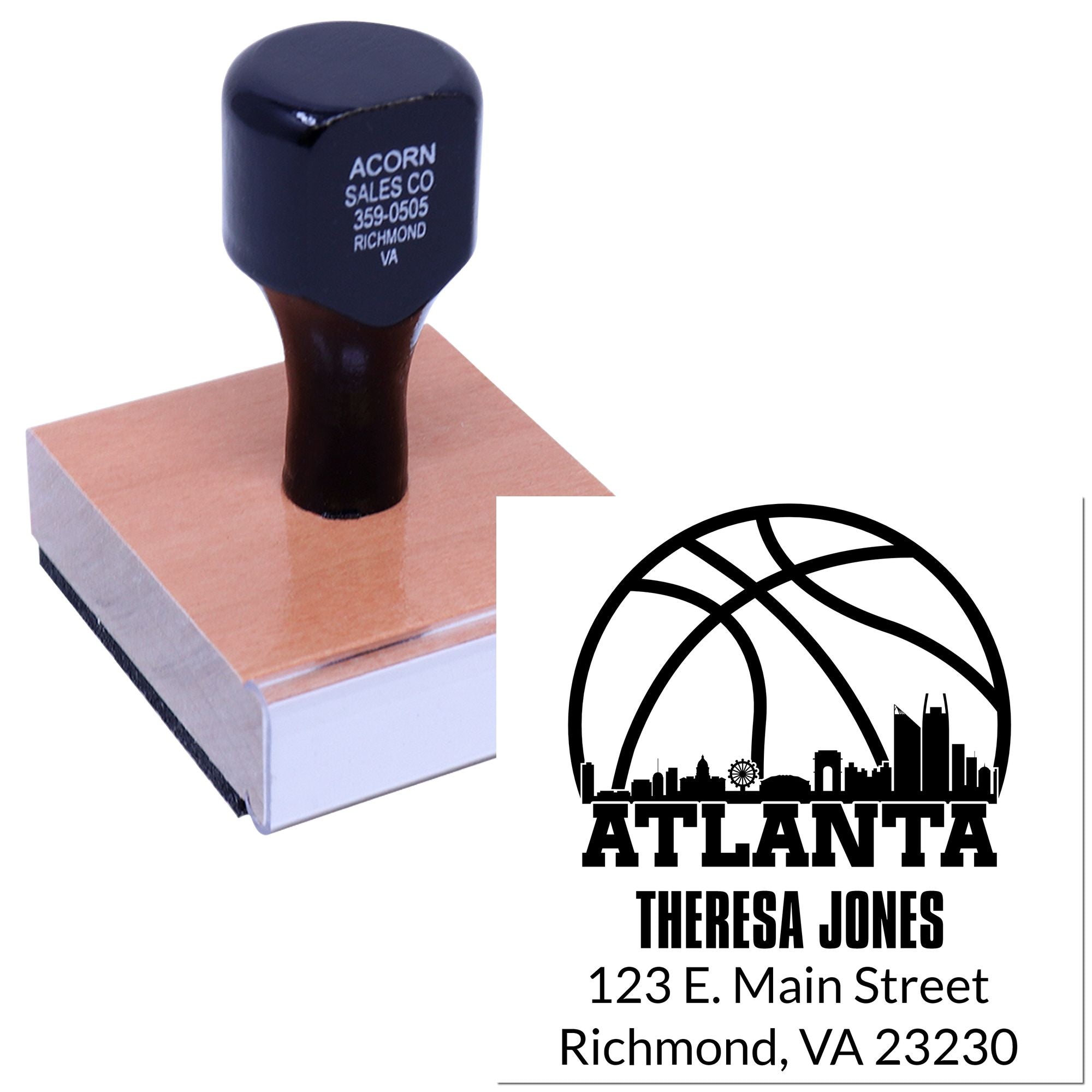 Custom address rubber stamp with Atlanta design and Theresa Jones return address for mailings.