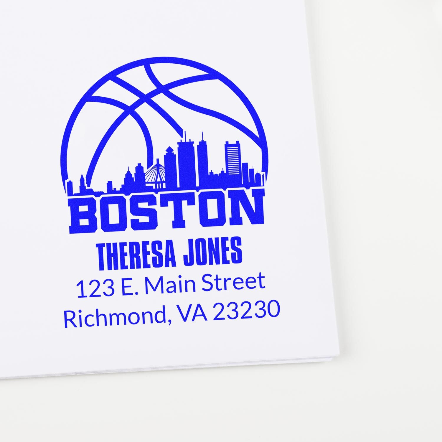 Boston basketball return address rubber stamp with skyline, Theresa Jones, Richmond, VA 23230