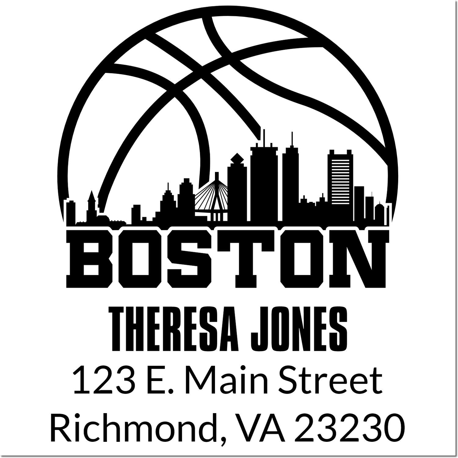 Boston basketball-themed personalized return address rubber stamp for Theresa Jones, 123 E. Main Street, Richmond, VA 23230.