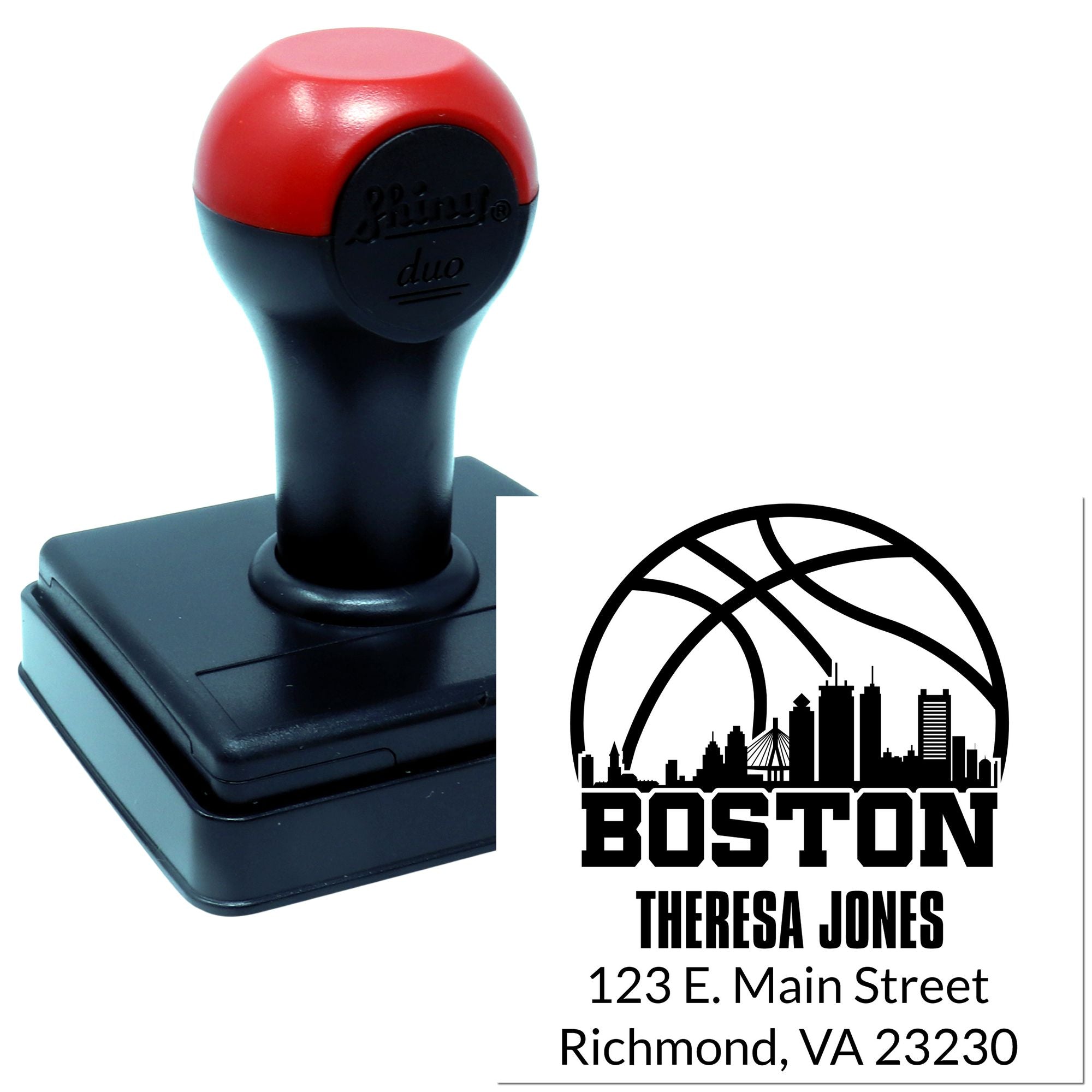 Personalized self-inking rubber stamp with Boston skyline return address for mailing and business branding.