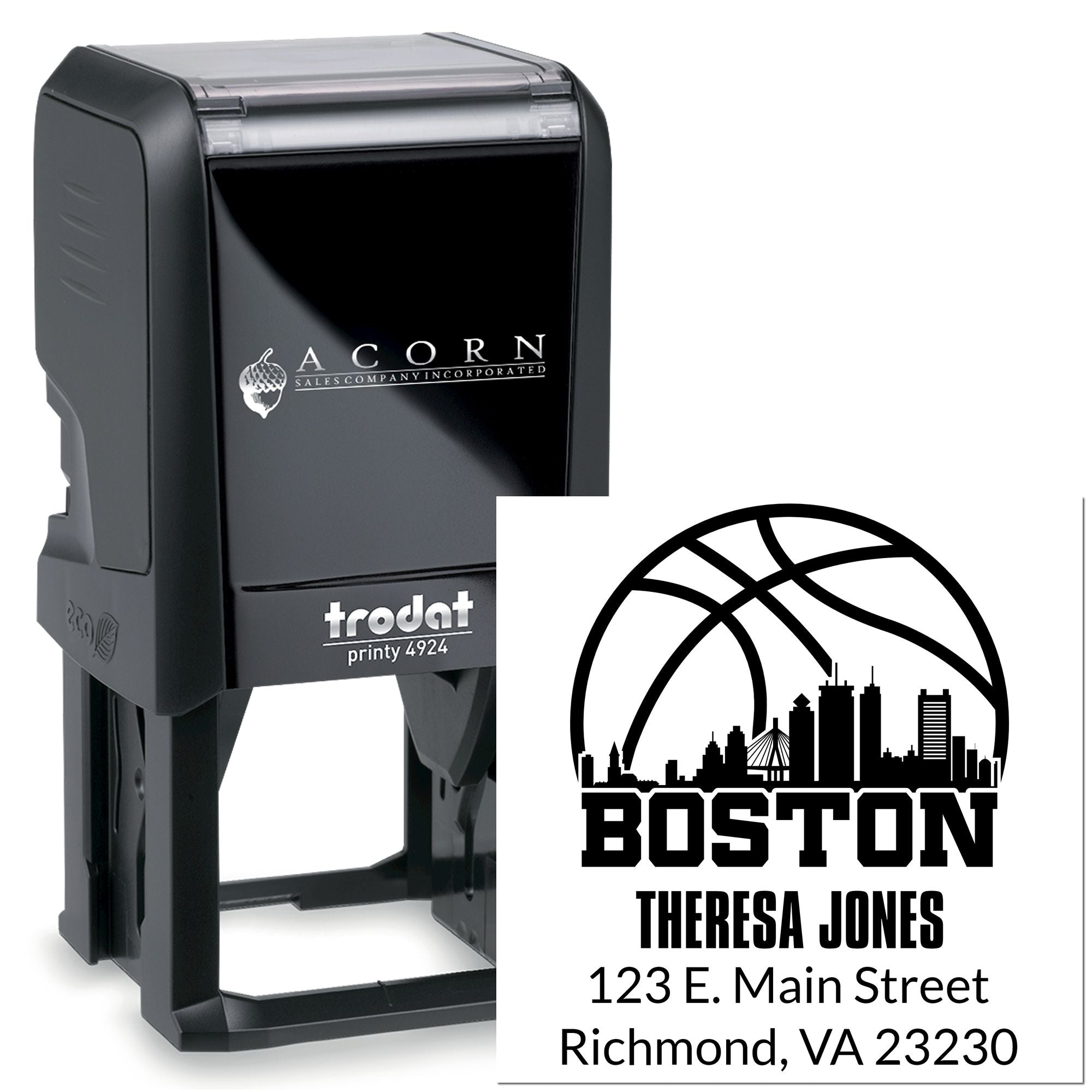 Custom Boston self-inking rubber address stamp with name, street address and return address for mailing.