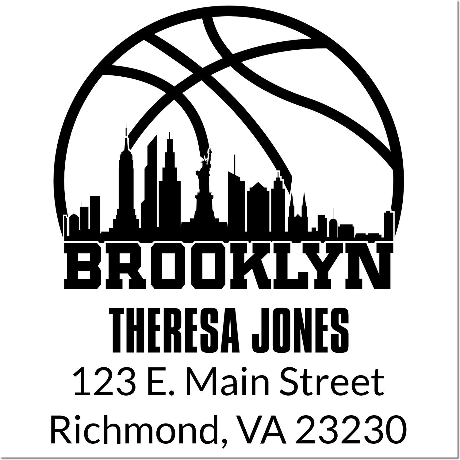 Brooklyn custom rubber return address stamp with NYC skyline and basketball graphic, featuring Theresa Jones, 123 E. Main Street, Richmond VA 23230