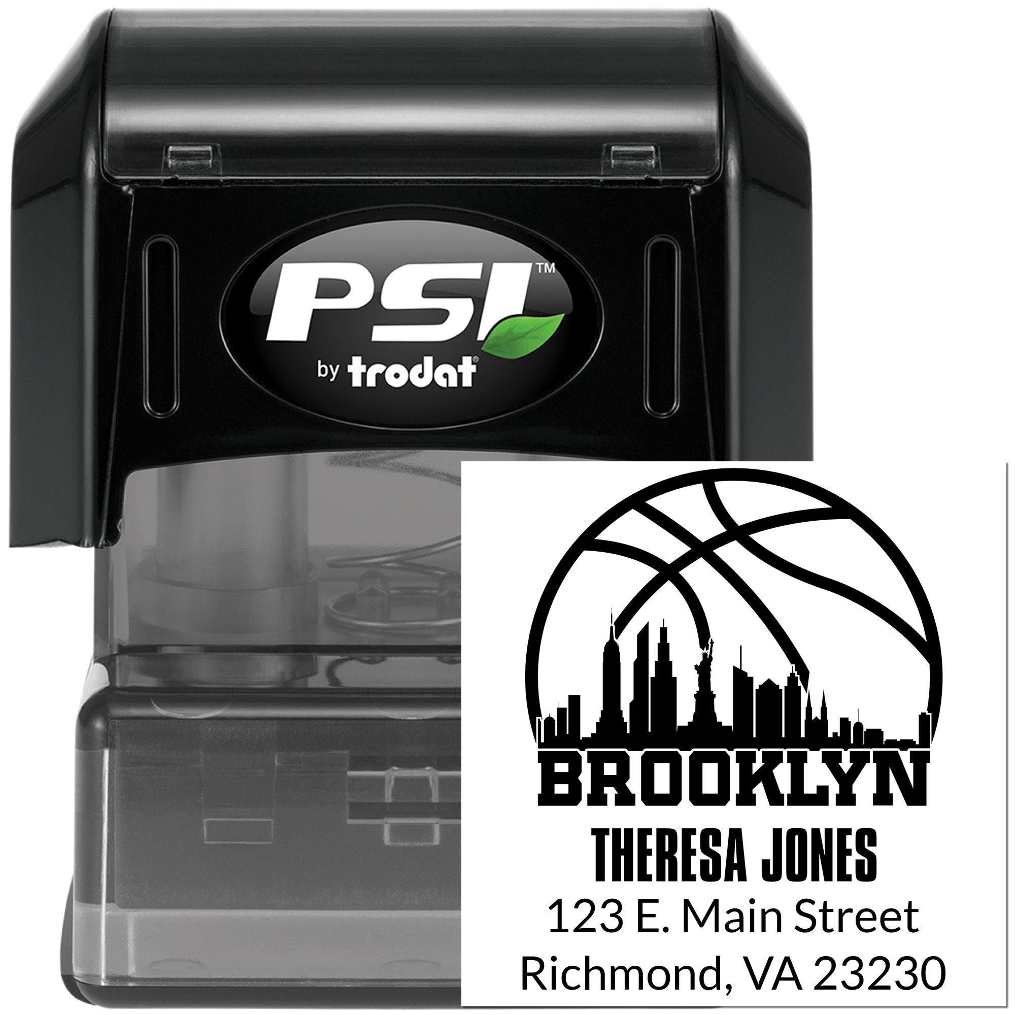 PSI by Trodat self-inking rubber stamp with custom Brooklyn return address stamp design for Theresa Jones, Richmond, VA