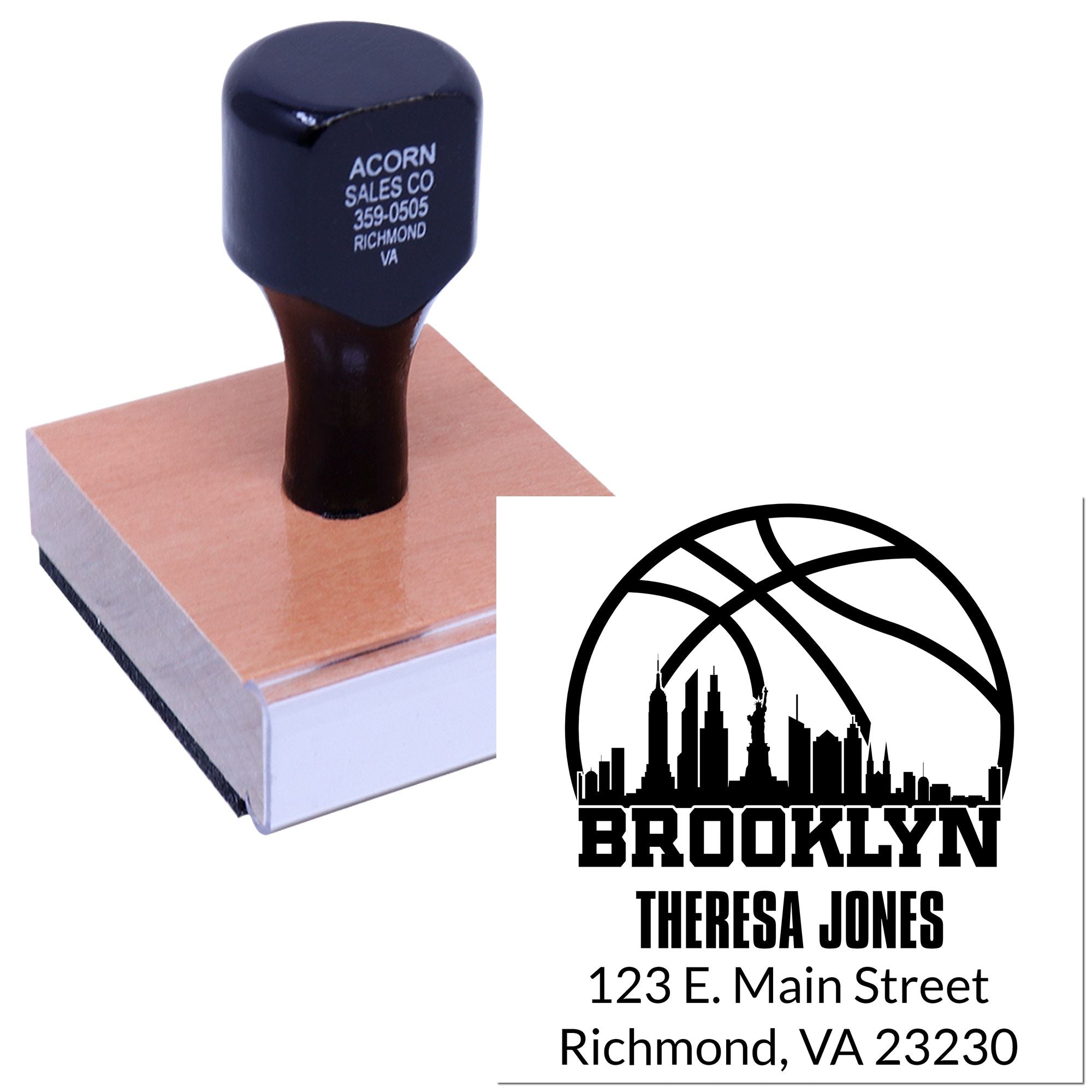 Custom Brooklyn address rubber stamp with skyline logo for Theresa Jones mailing imprint.