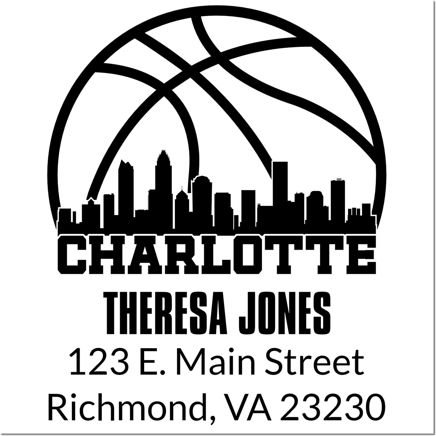 Custom Charlotte skyline basketball return address rubber stamp for Theresa Jones, 123 E. Main Street, Richmond, VA 23230.