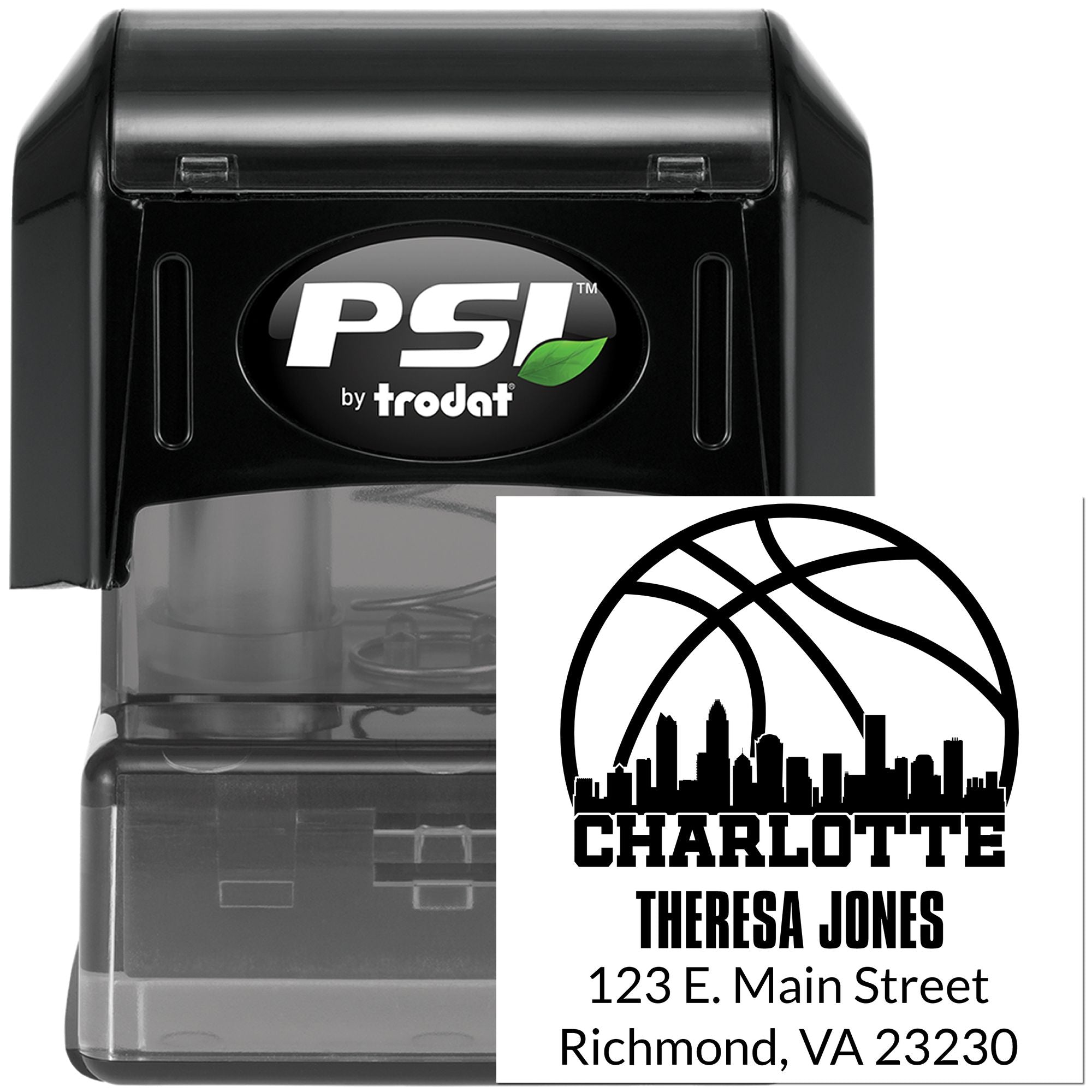 Self-inking custom rubber stamp by PSI Trodat for business address imprint with basketball city logo and name.