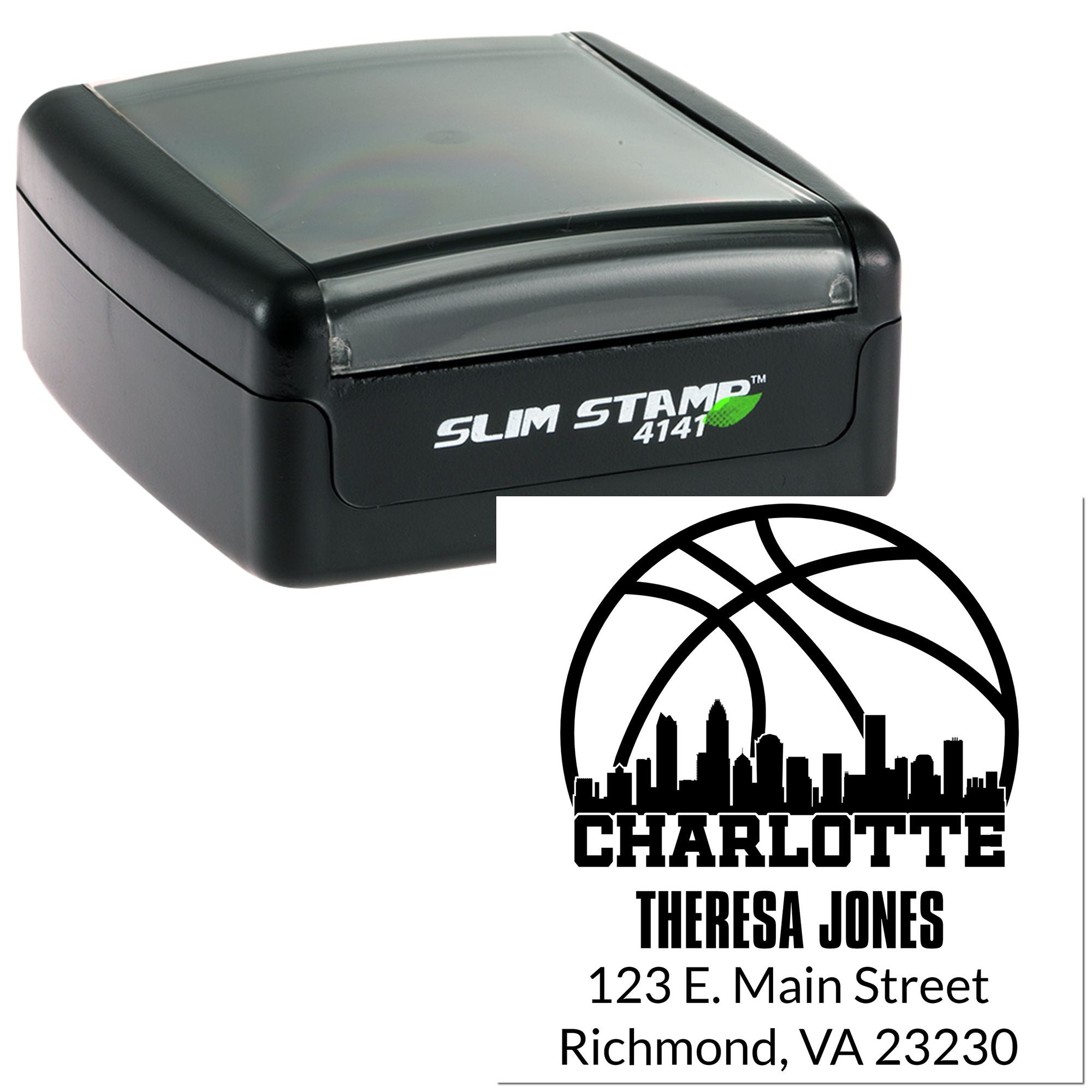 Custom self-inking rubber stamp for Charlotte address imprint, Theresa Jones, 123 E. Main Street, Richmond, VA 23230