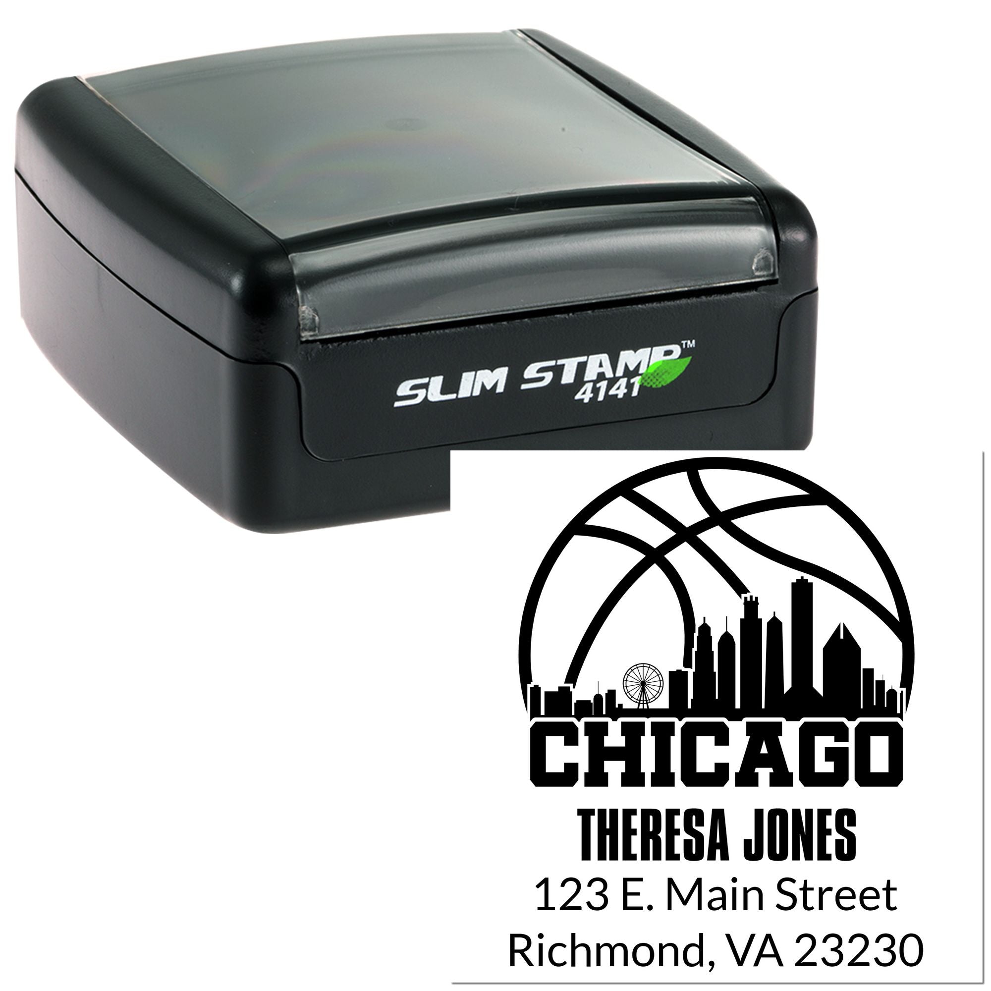 Chicago custom self-inking return address stamp with Theresa Jones, 123 E. Main Street, Richmond, VA 23230.