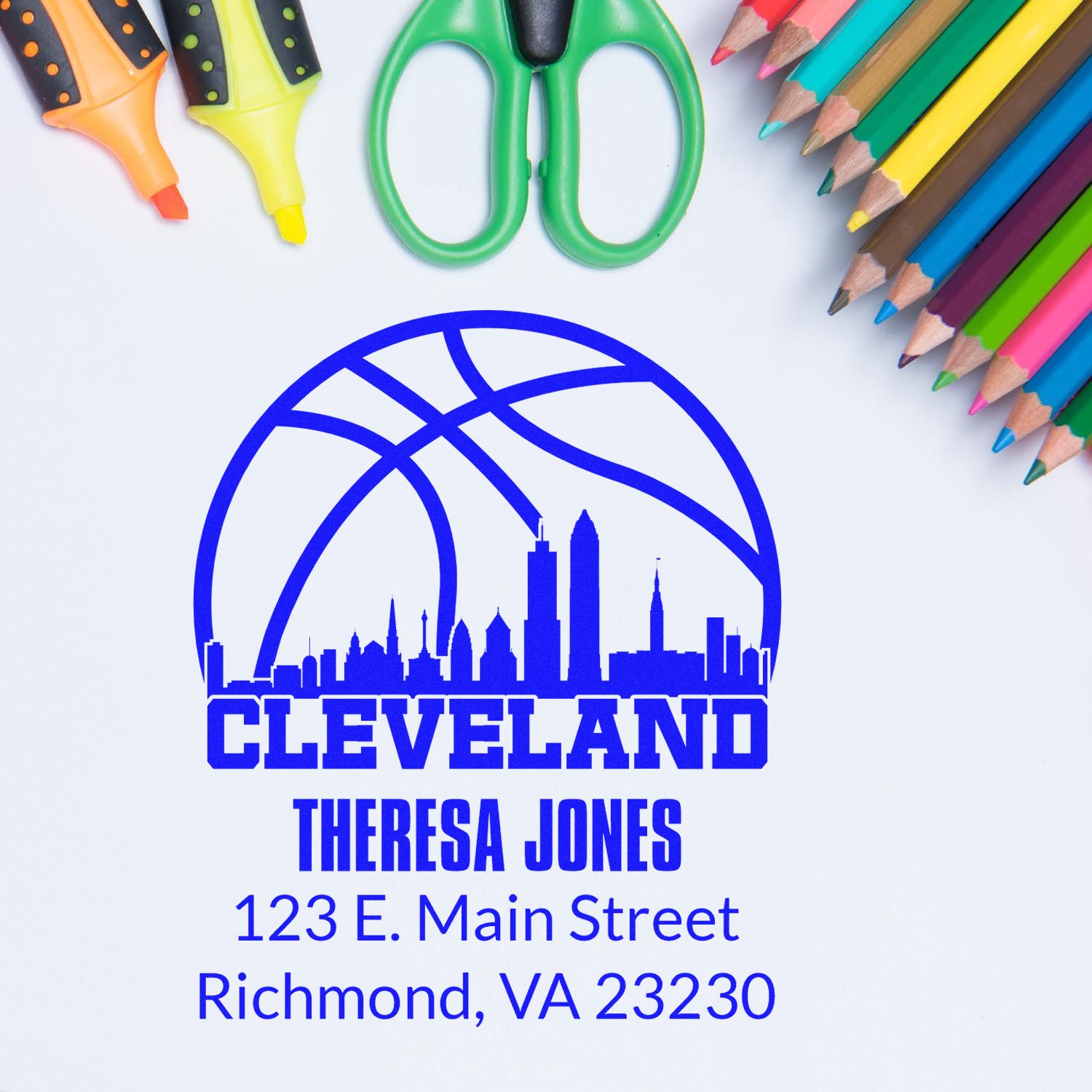 Personalized Cleveland rubber stamp design with Theresa Jones name and Richmond, VA address for mailing.