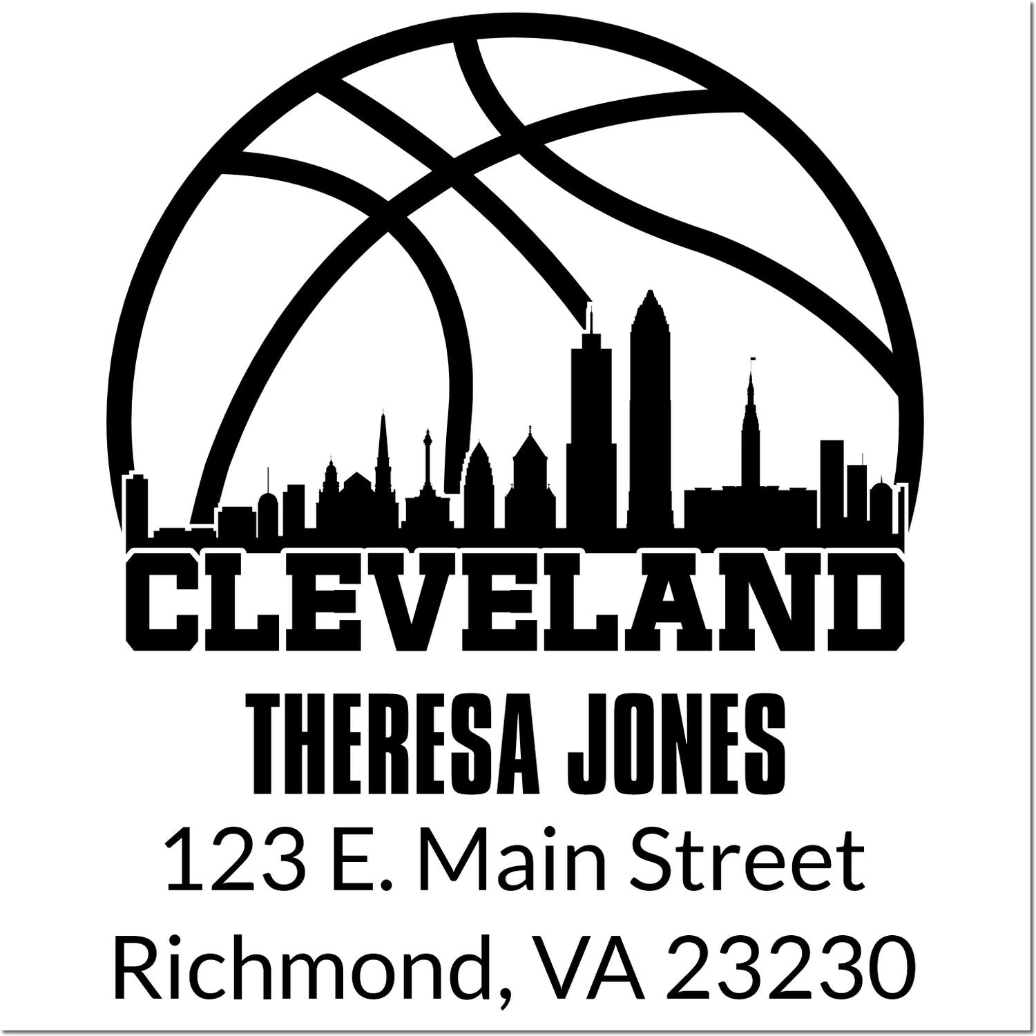 Custom Cleveland skyline return address rubber stamp for Theresa Jones, 123 E. Main Street, Richmond, VA 23230.