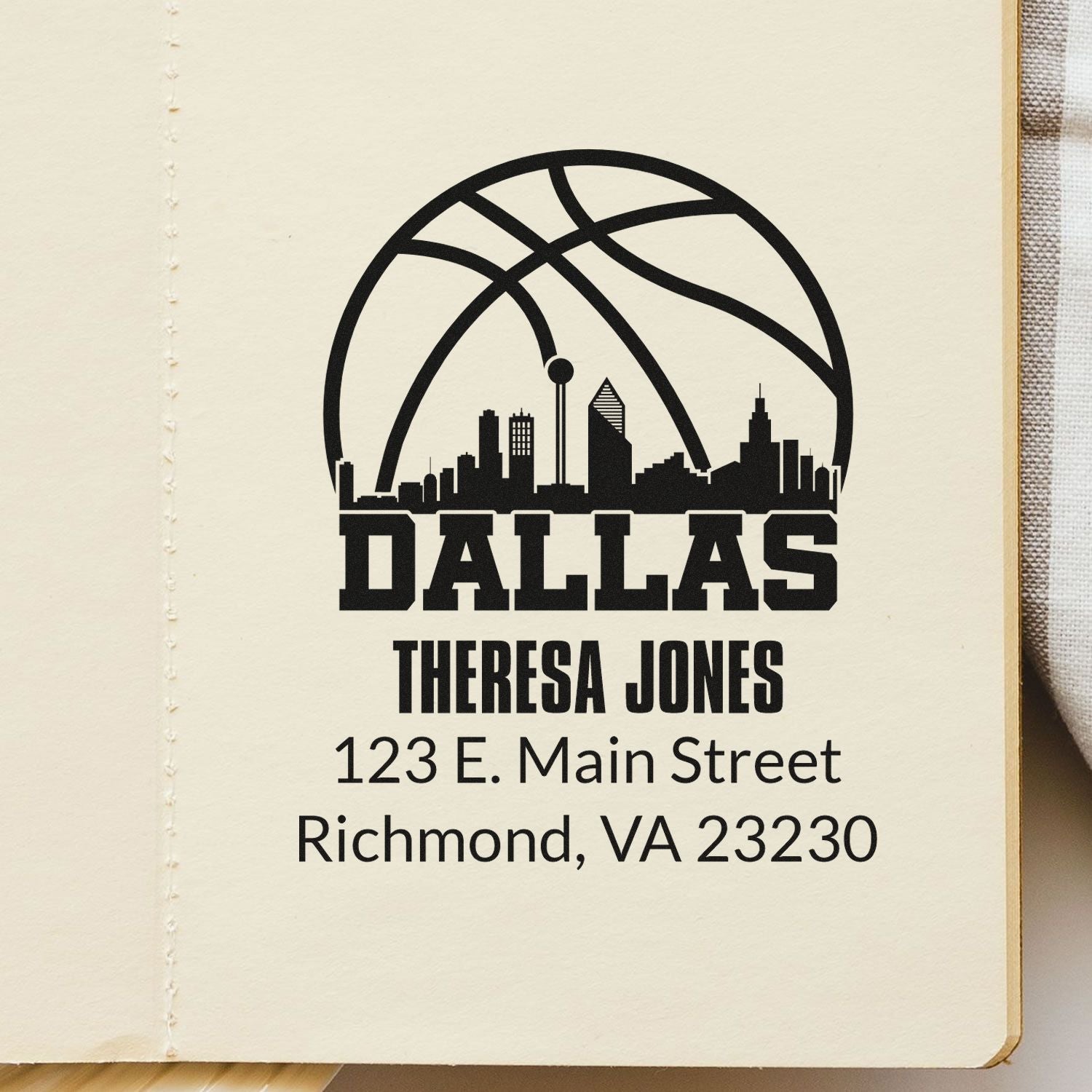 Custom Dallas skyline return address rubber stamp with Theresa Jones and Richmond, VA address