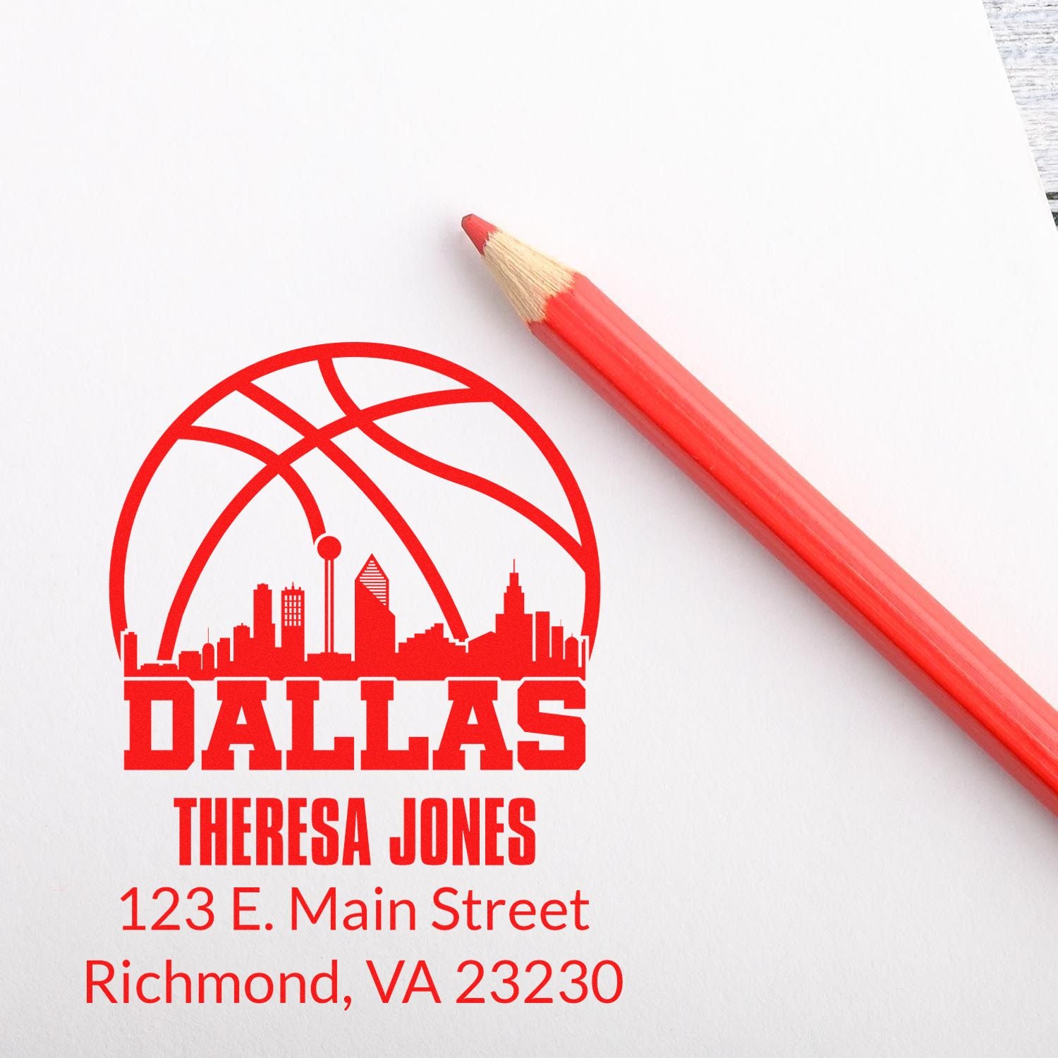 Custom Dallas address rubber stamp design for Theresa Jones, 123 E. Main Street, Richmond, VA 23230.