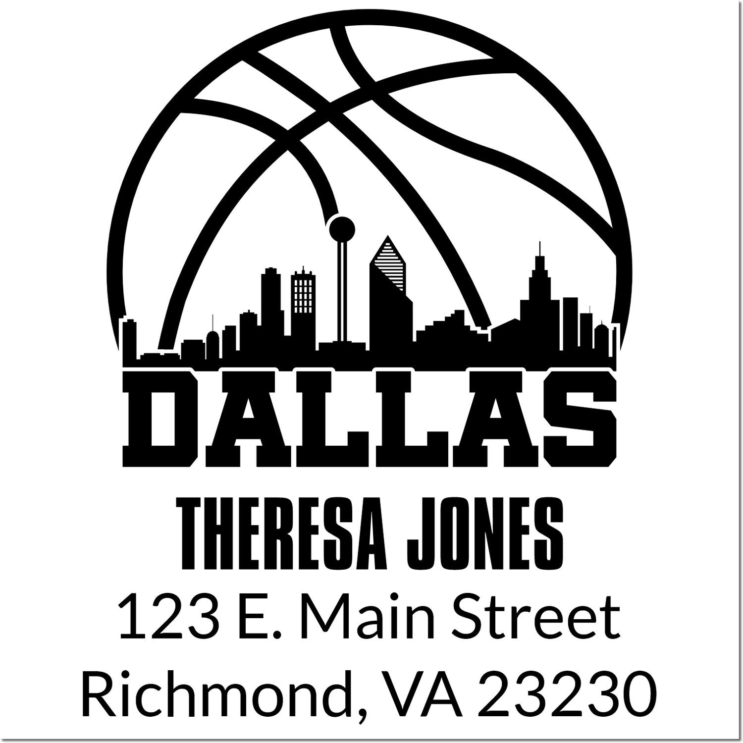 Custom Dallas rubber stamp for Teresa Jones with basketball skyline and Richmond, VA return address.
