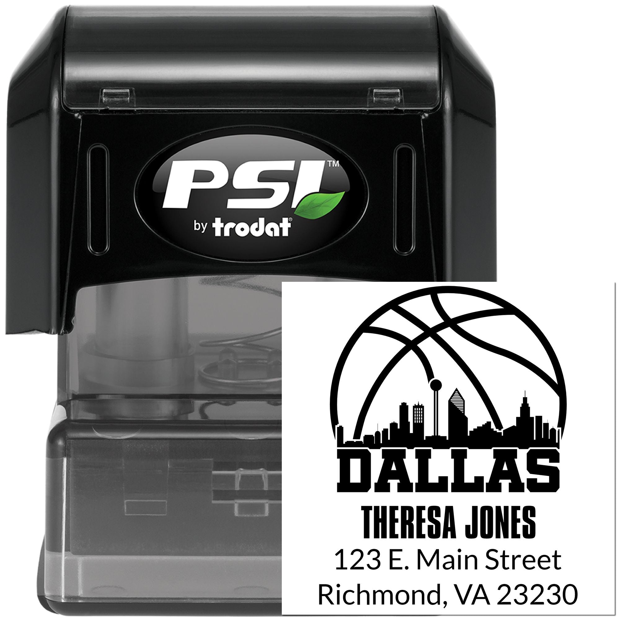 PSI by Trodat self-inking rubber address stamp with custom Dallas skyline design and personalized name and address imprint