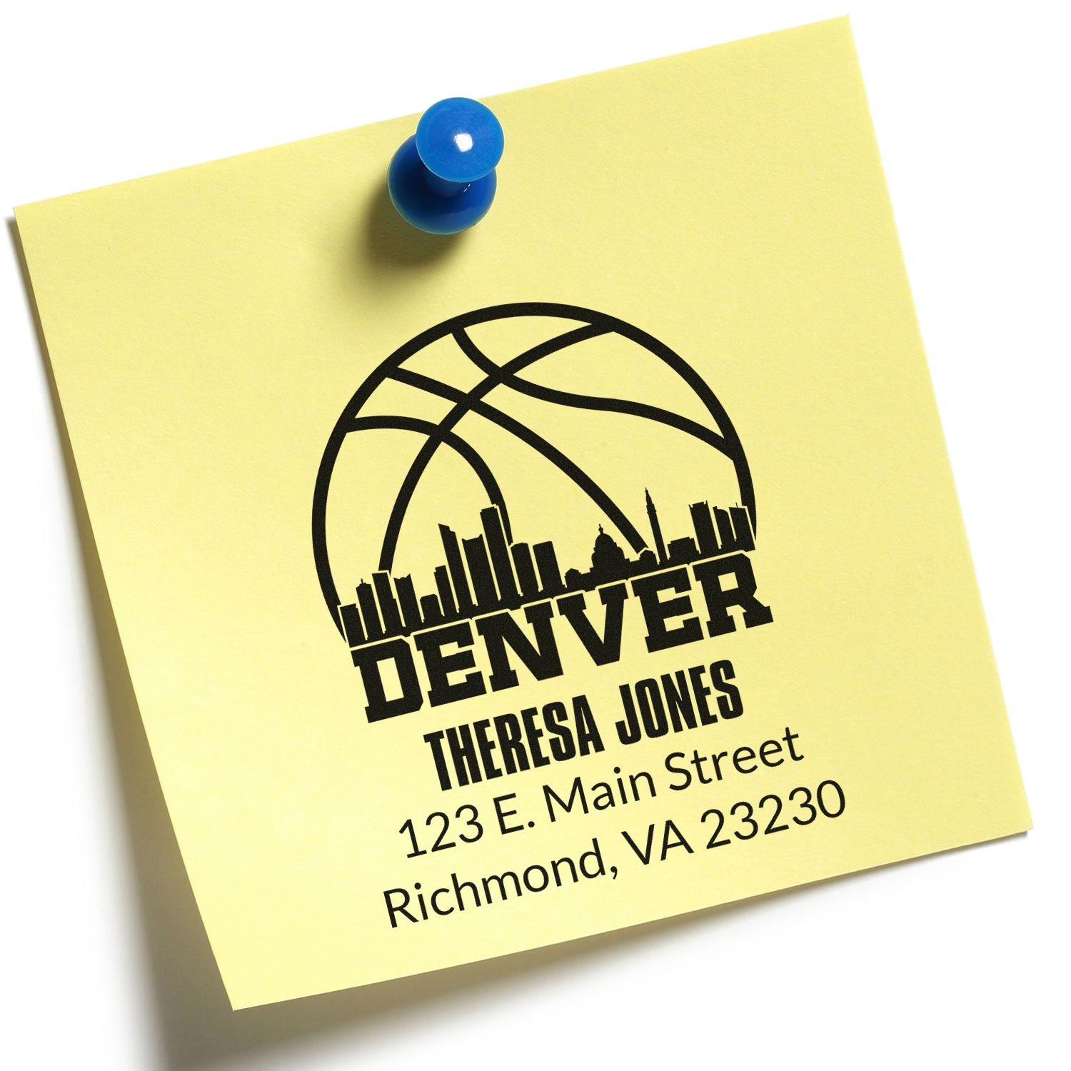 Custom Denver basketball return address rubber stamp with personalized name and street address.